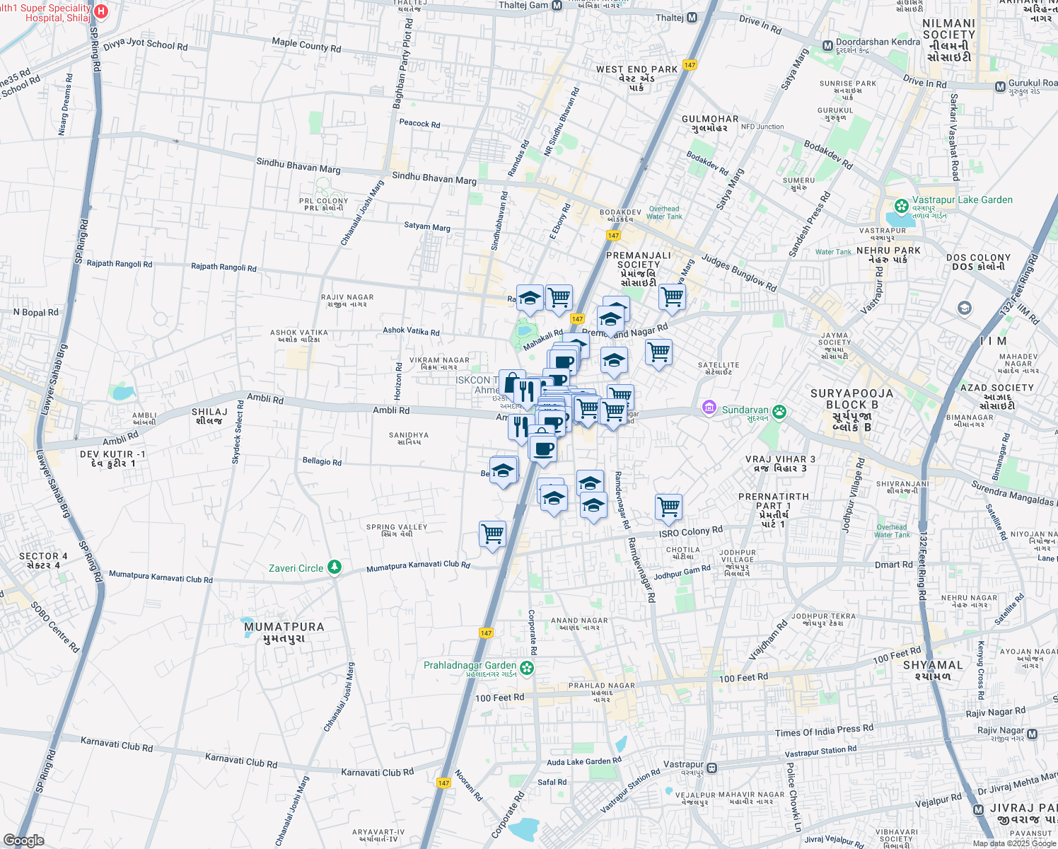 map of restaurants, bars, coffee shops, grocery stores, and more near Iskcon Cross Road in Ahmedabad