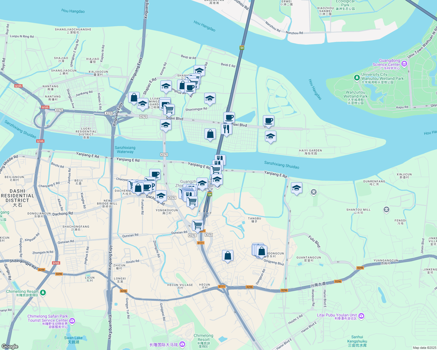 map of restaurants, bars, coffee shops, grocery stores, and more near 1 Panyu North Avenue in Guangzhou Shi