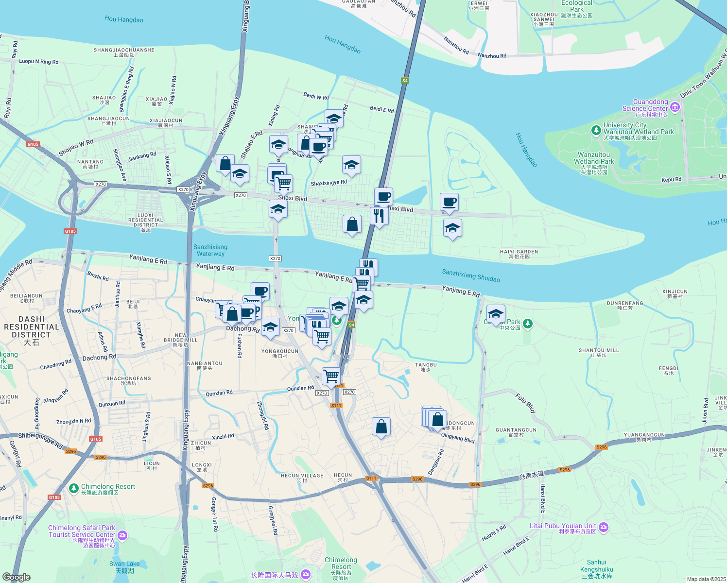 map of restaurants, bars, coffee shops, grocery stores, and more near 1 Panyu North Avenue in Guangzhou Shi