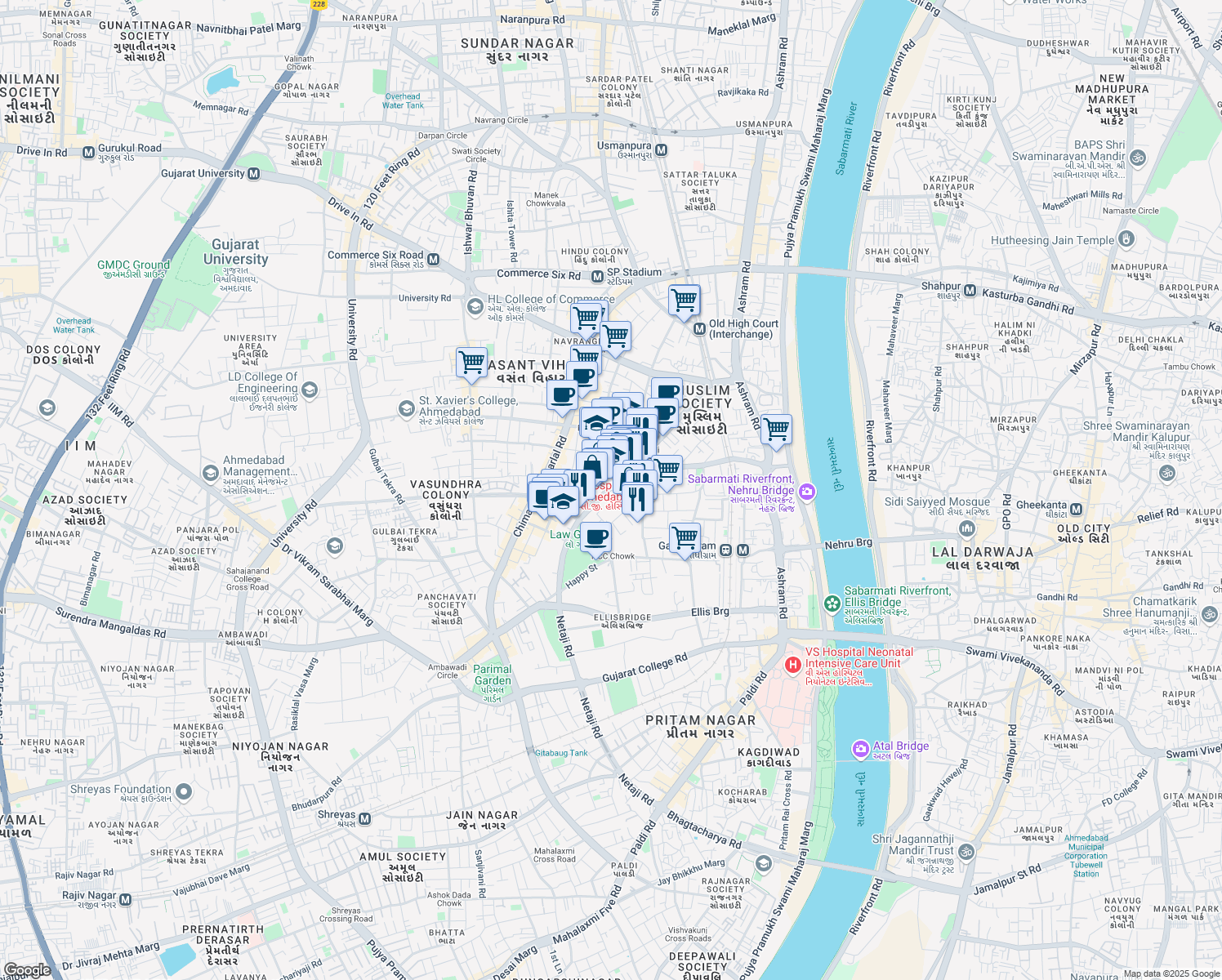 map of restaurants, bars, coffee shops, grocery stores, and more near Residence Netaji Road in Ahmedabad