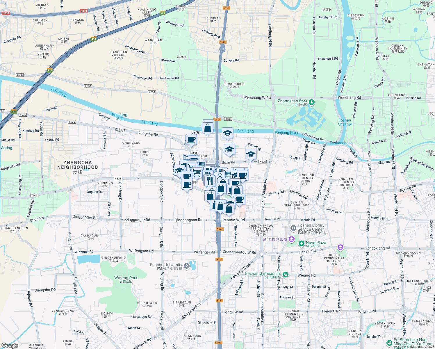 map of restaurants, bars, coffee shops, grocery stores, and more near Foshan North Avenue in Foshan