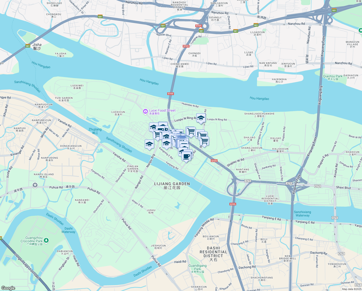 map of restaurants, bars, coffee shops, grocery stores, and more near 95 Ji Xiang Bei Jie in Guang Zhou Shi