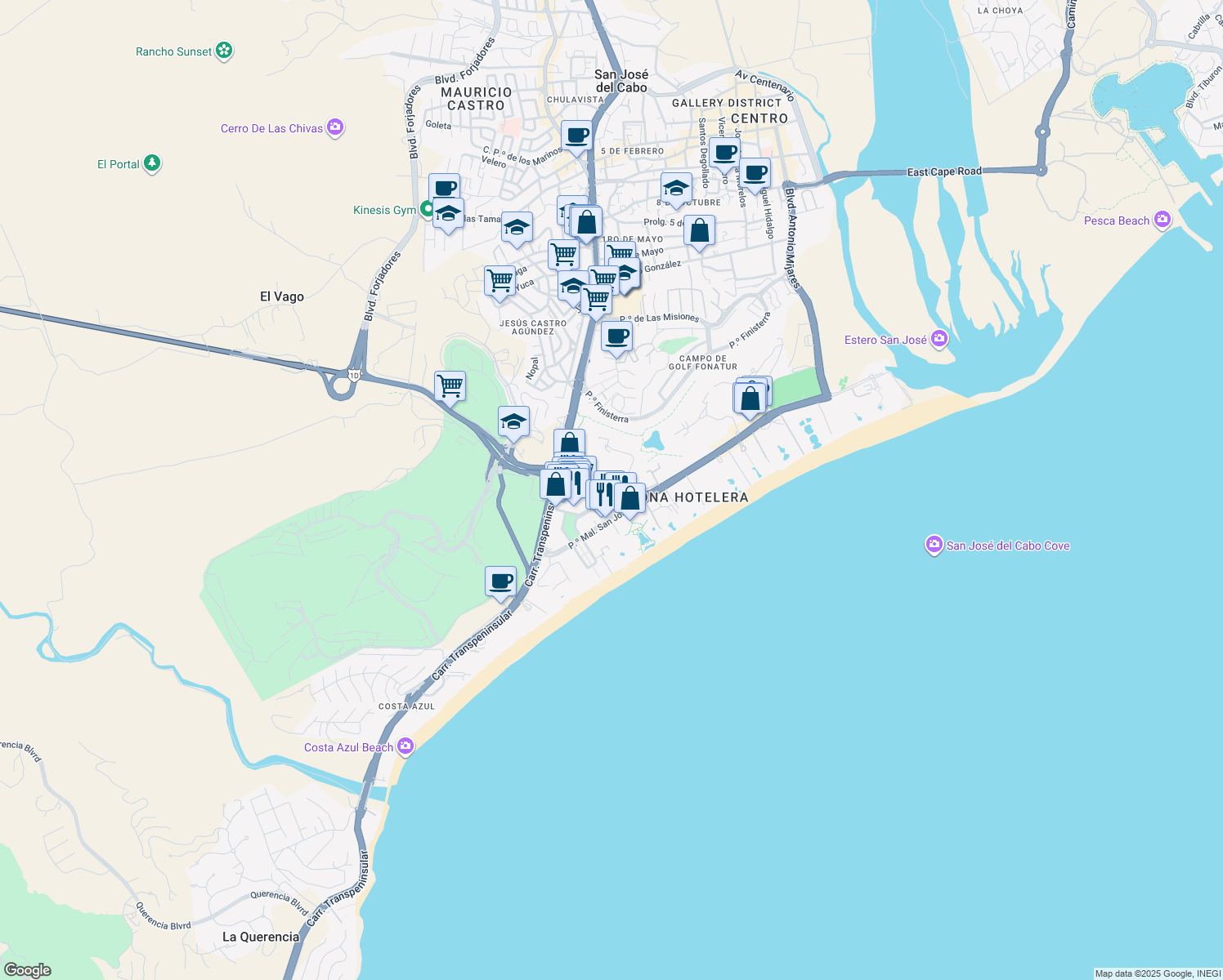 map of restaurants, bars, coffee shops, grocery stores, and more near Paseo de Los Cabos in San José del Cabo