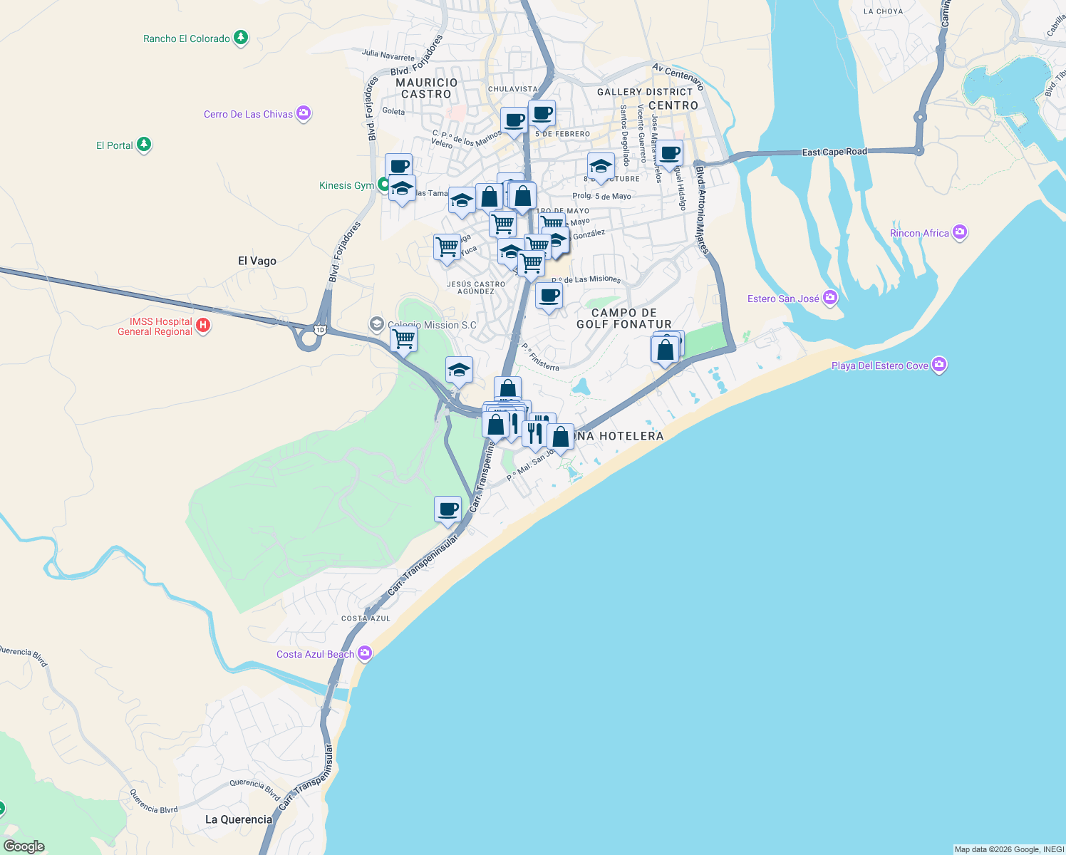 map of restaurants, bars, coffee shops, grocery stores, and more near Paseo de Los Cabos in San José del Cabo
