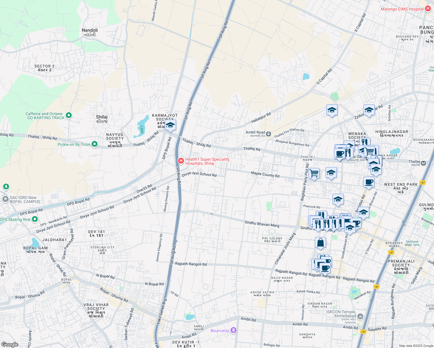 map of restaurants, bars, coffee shops, grocery stores, and more near Sindhubhavan Road in Ahmedabad