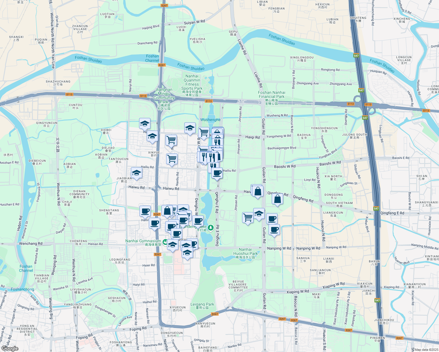map of restaurants, bars, coffee shops, grocery stores, and more near Deng Hu Dong Lu in Fo Shan Shi