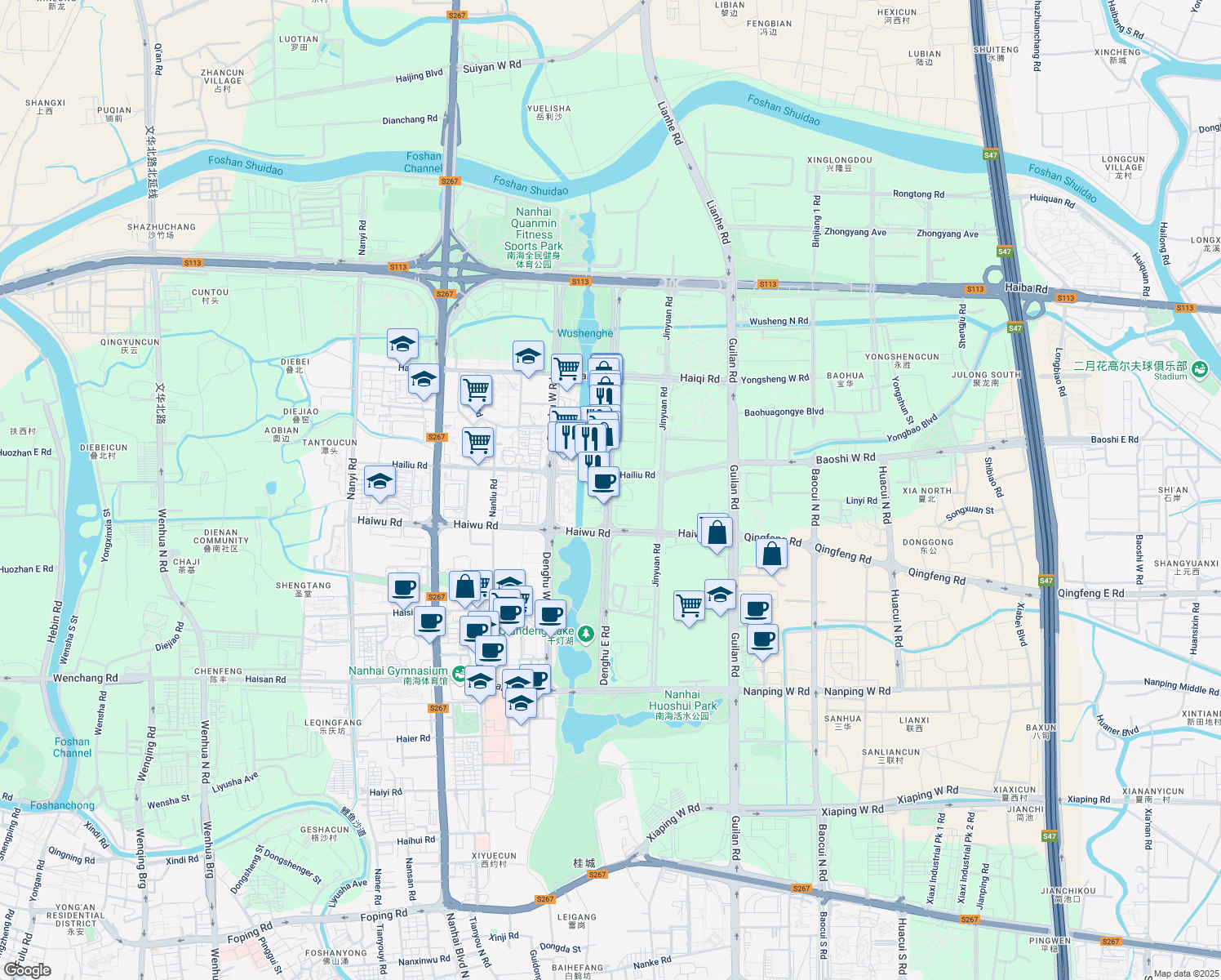 map of restaurants, bars, coffee shops, grocery stores, and more near Deng Hu Dong Lu in Fo Shan Shi