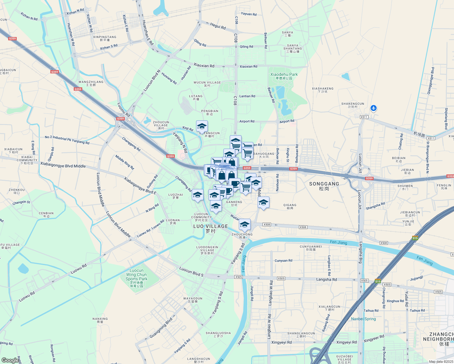 map of restaurants, bars, coffee shops, grocery stores, and more near Xin Hu Er Lu in Fo Shan Shi