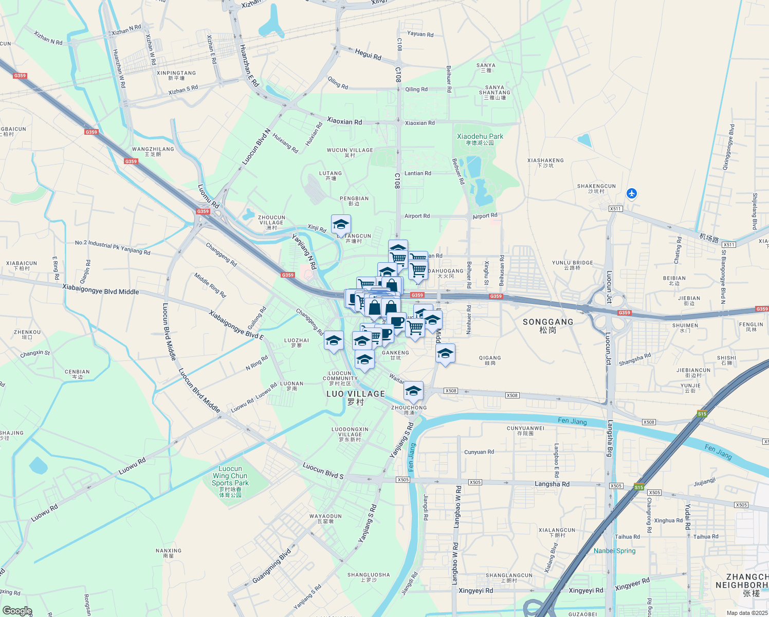 map of restaurants, bars, coffee shops, grocery stores, and more near Xin Hu Er Lu in Fo Shan Shi