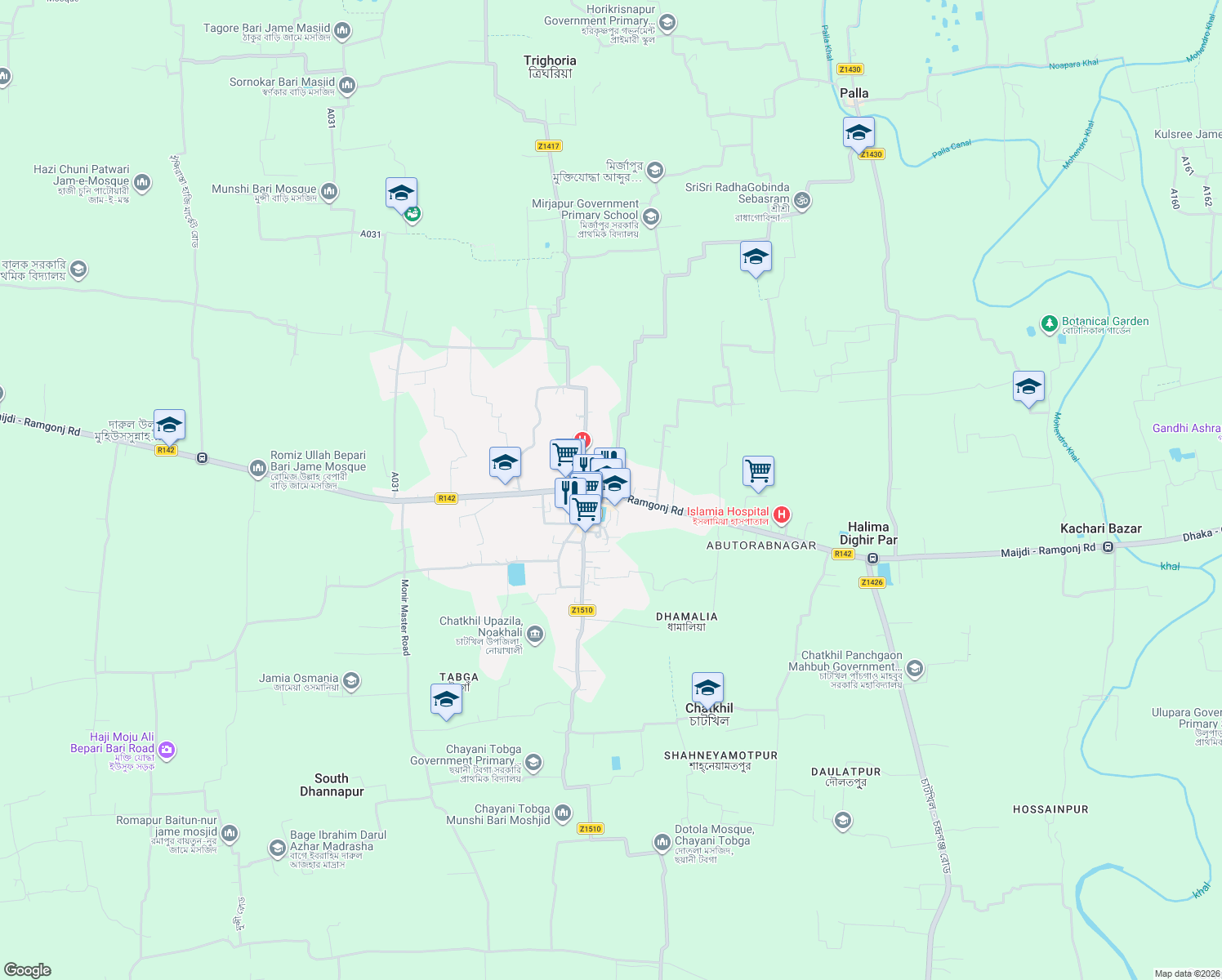 map of restaurants, bars, coffee shops, grocery stores, and more near Maijdi - Ramgonj Road in Chatkhil
