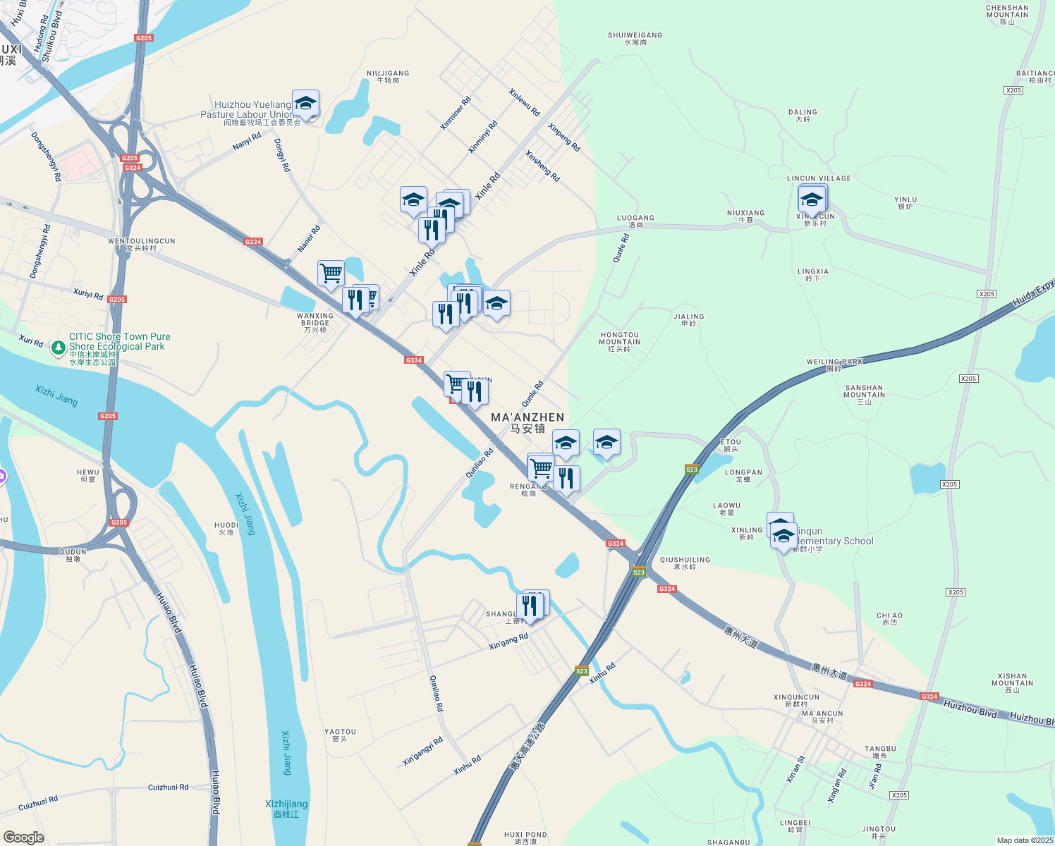 map of restaurants, bars, coffee shops, grocery stores, and more near in Huizhou