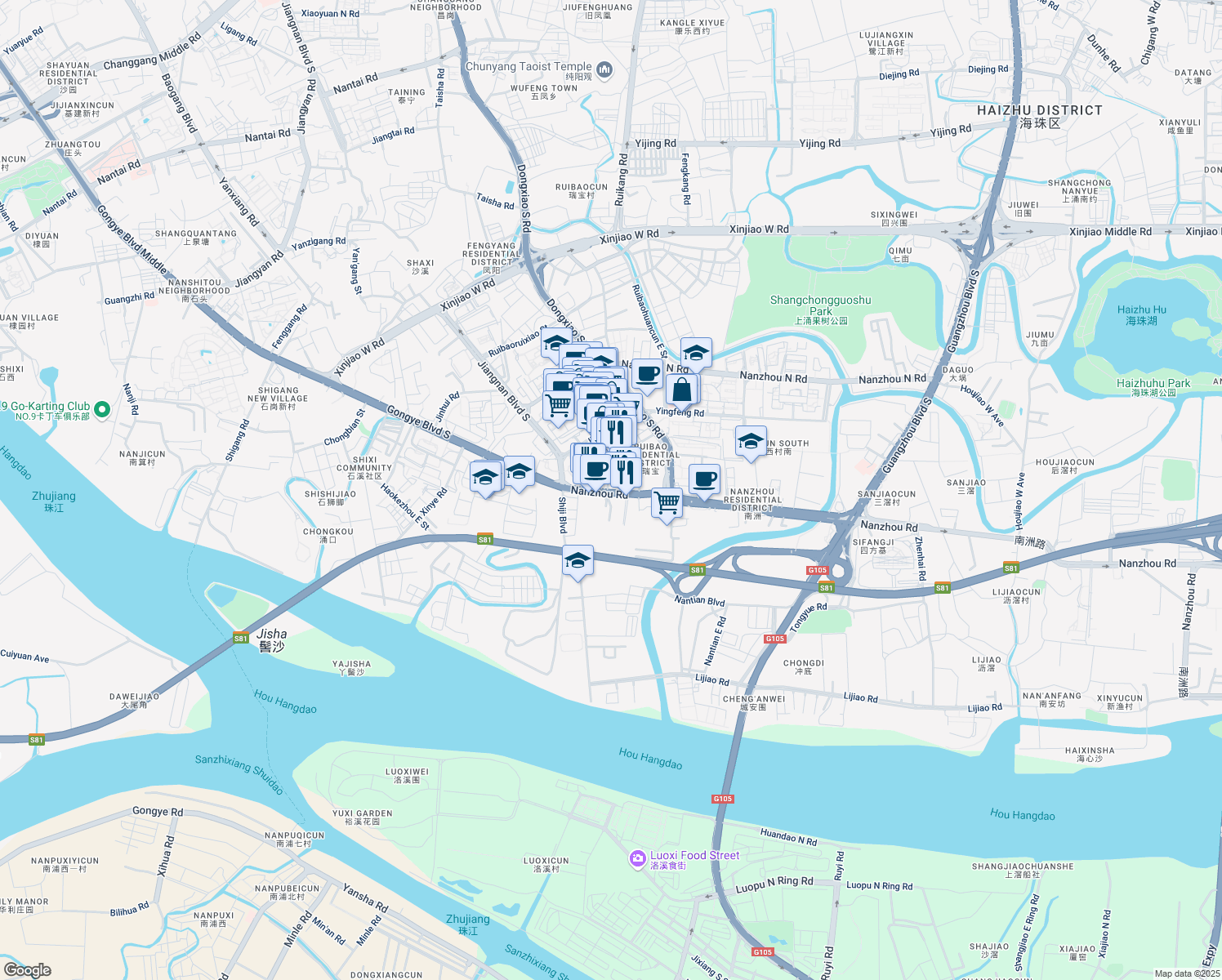 map of restaurants, bars, coffee shops, grocery stores, and more near 53 Nan Zhou Lu in Guang Zhou Shi