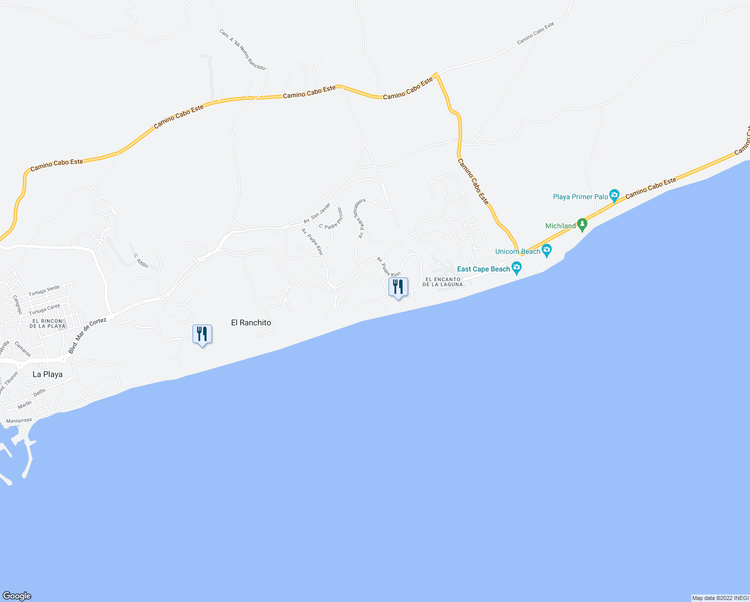 map of restaurants, bars, coffee shops, grocery stores, and more near Avenida Padre Guillen in Los Cabos