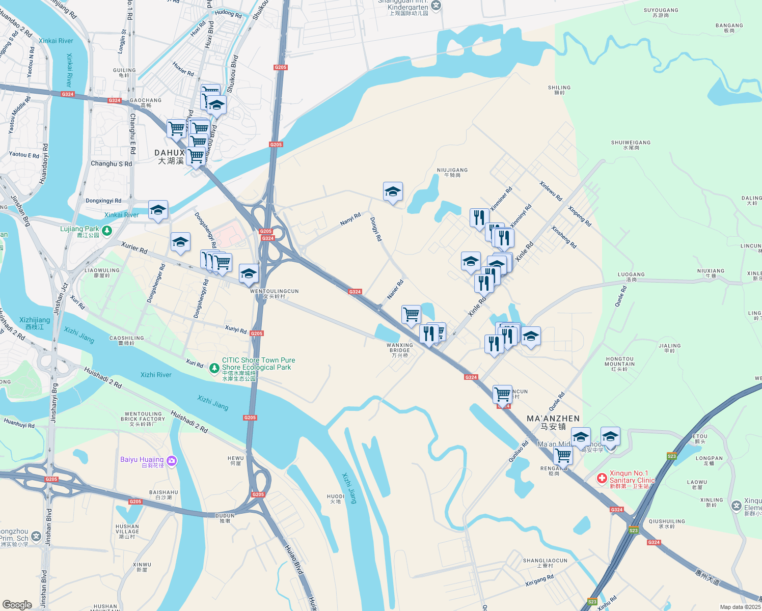 map of restaurants, bars, coffee shops, grocery stores, and more near Hui Zhou Da Dao in Hui Zhou Shi
