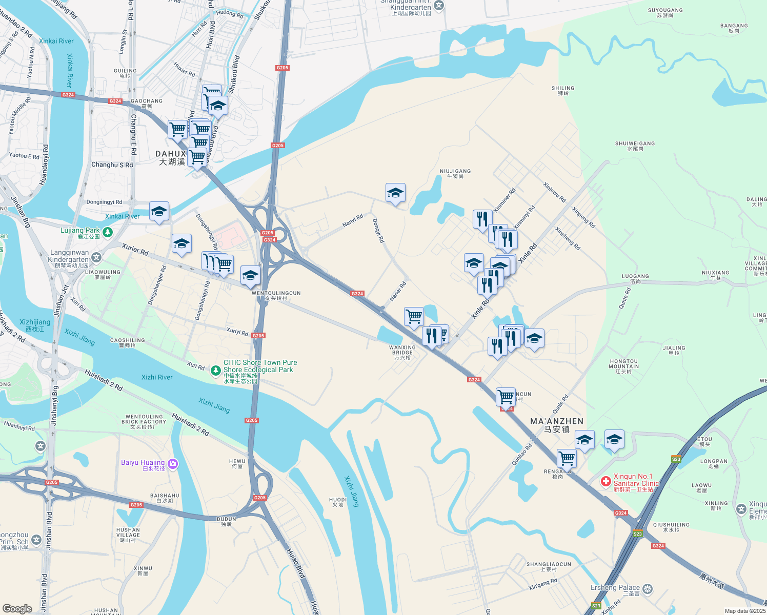 map of restaurants, bars, coffee shops, grocery stores, and more near Hui Zhou Da Dao in Hui Zhou Shi