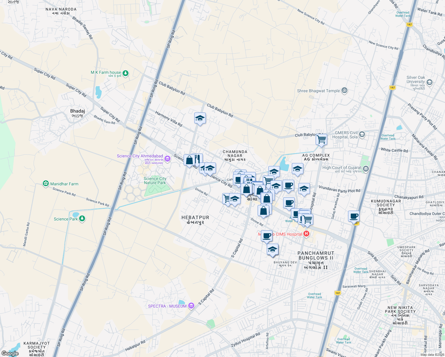map of restaurants, bars, coffee shops, grocery stores, and more near Science City Road in Ahmedabad
