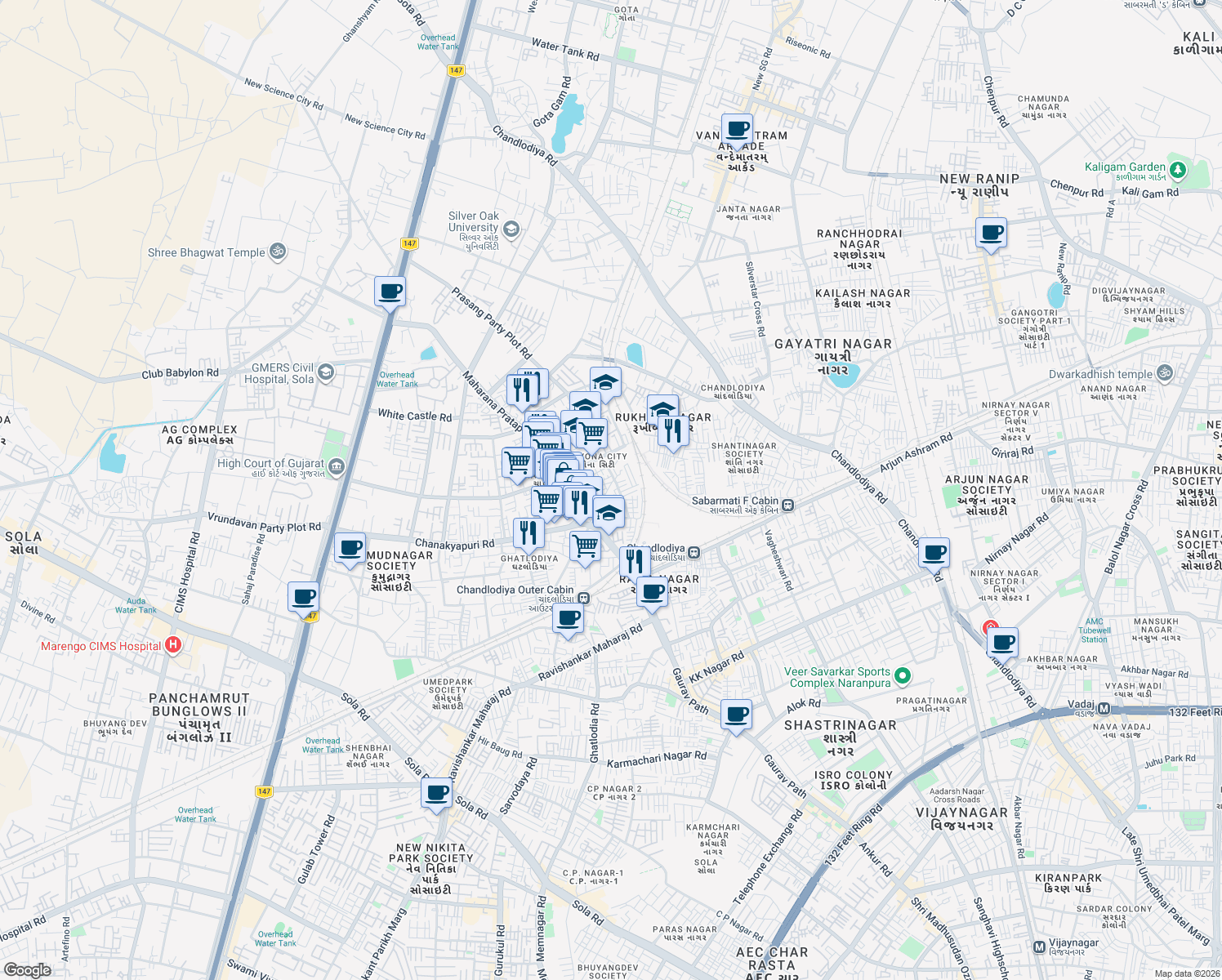 map of restaurants, bars, coffee shops, grocery stores, and more near in Ahmedabad