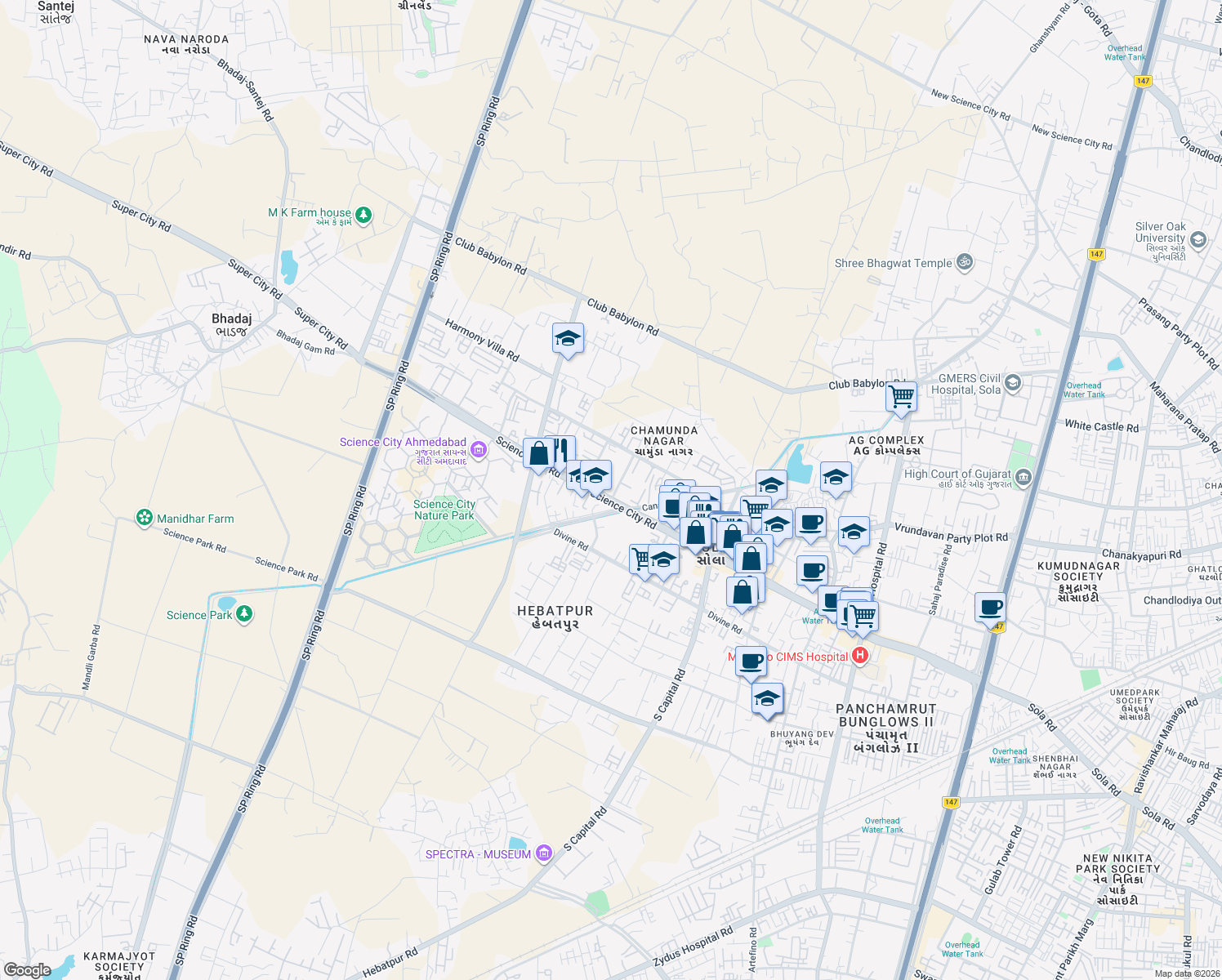 map of restaurants, bars, coffee shops, grocery stores, and more near Science City Road in Ahmedabad