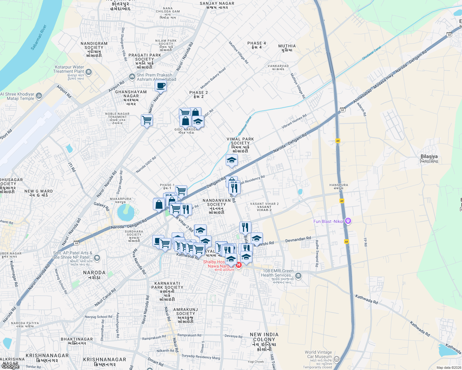 map of restaurants, bars, coffee shops, grocery stores, and more near Unnamed Road in Ahmedabad