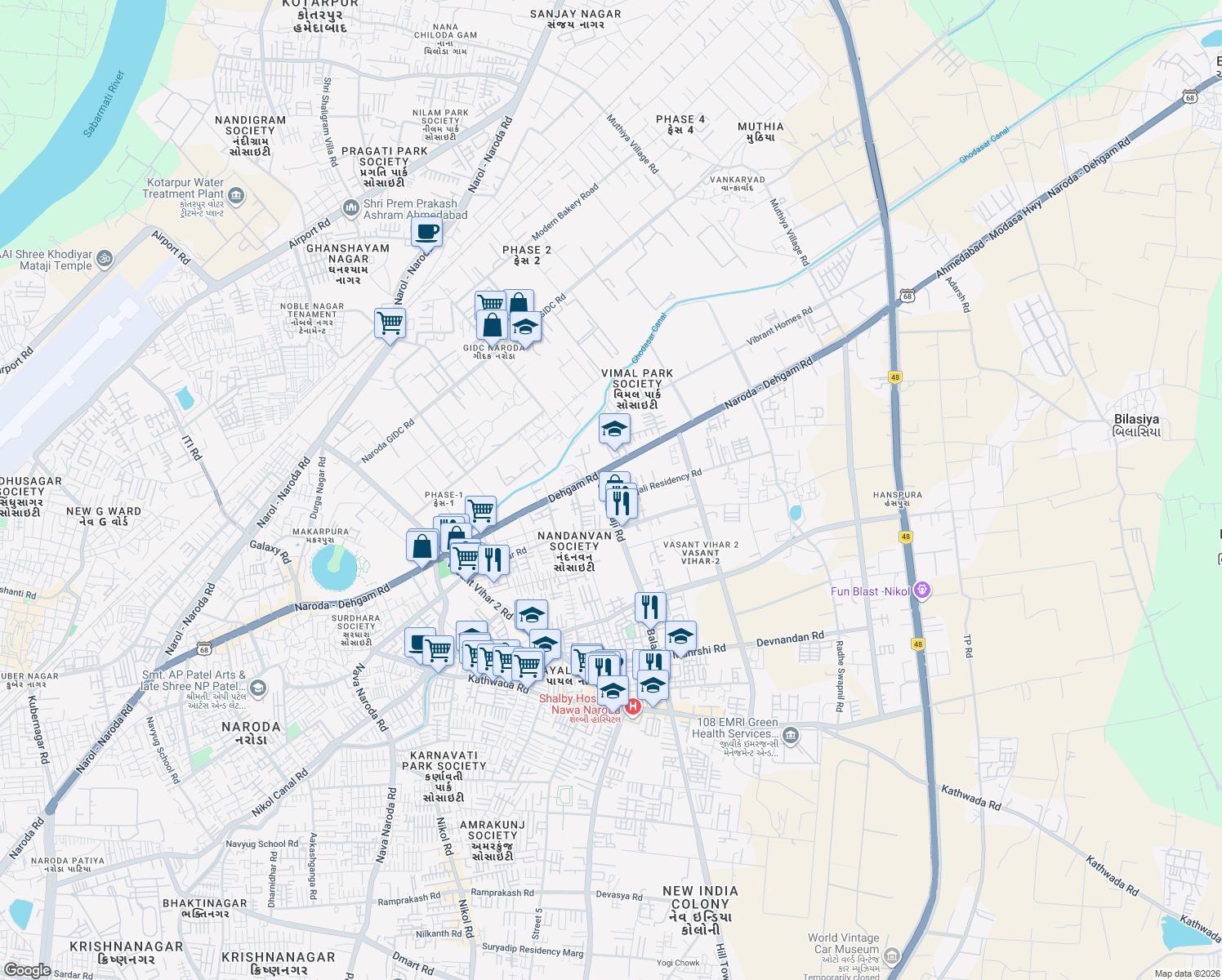 map of restaurants, bars, coffee shops, grocery stores, and more near Unnamed Road in Ahmedabad