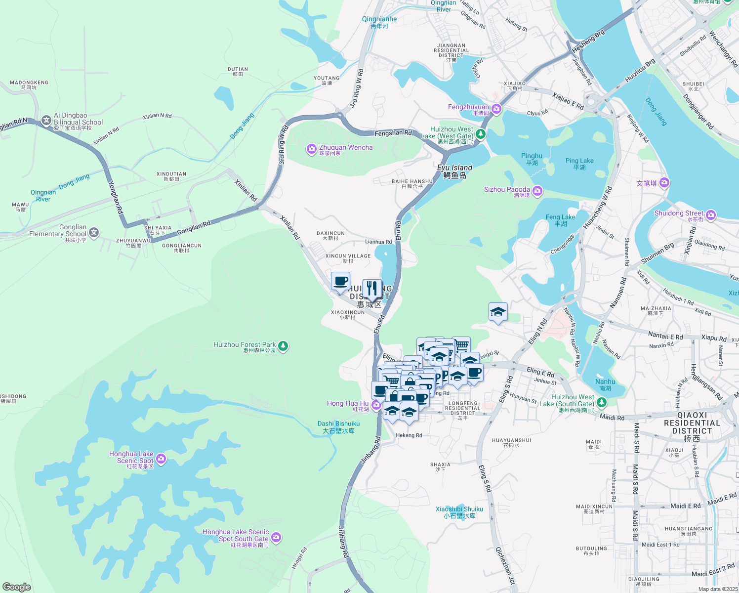 map of restaurants, bars, coffee shops, grocery stores, and more near in Huizhou