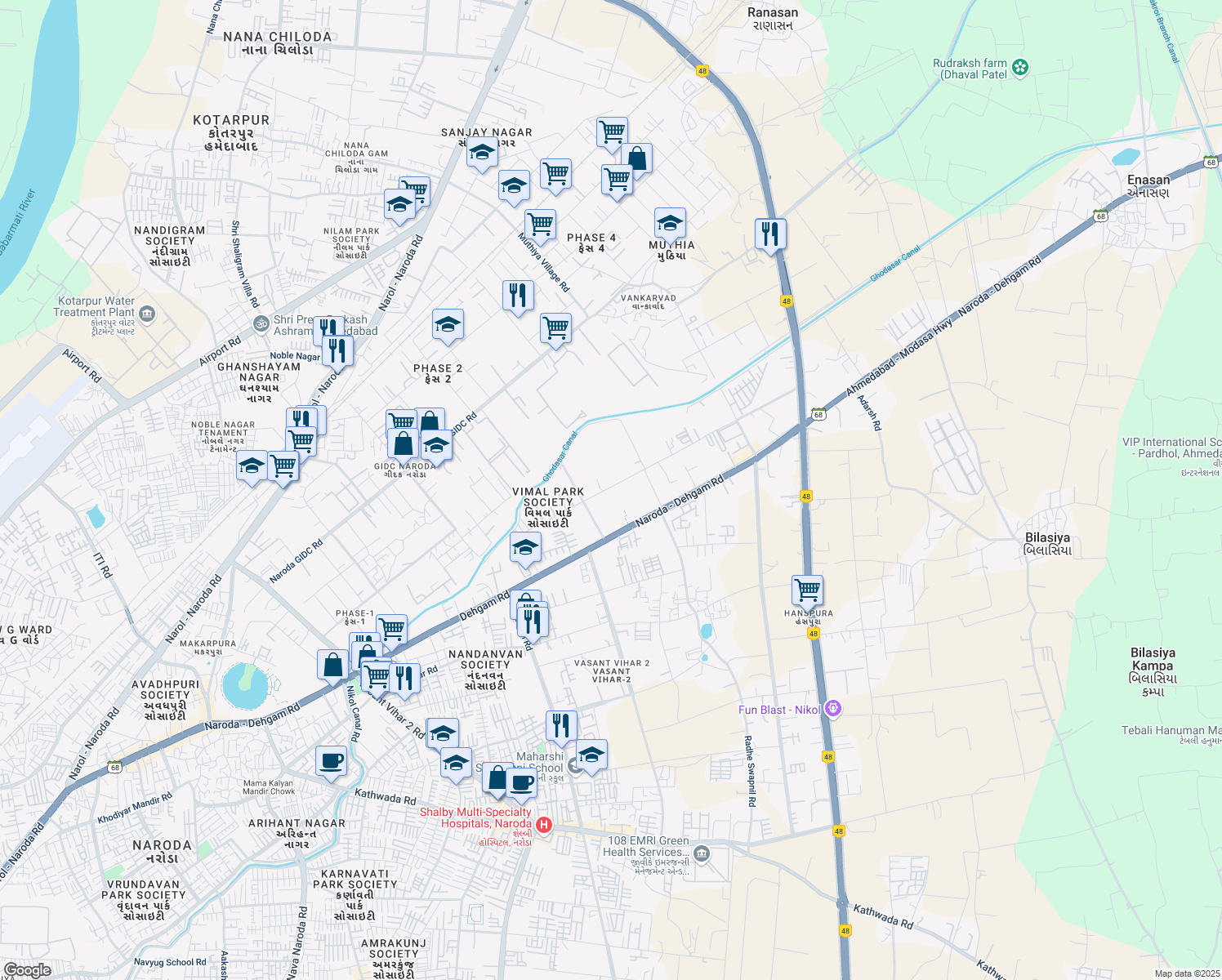 map of restaurants, bars, coffee shops, grocery stores, and more near Naroda - Dehgam Road in Ahmedabad