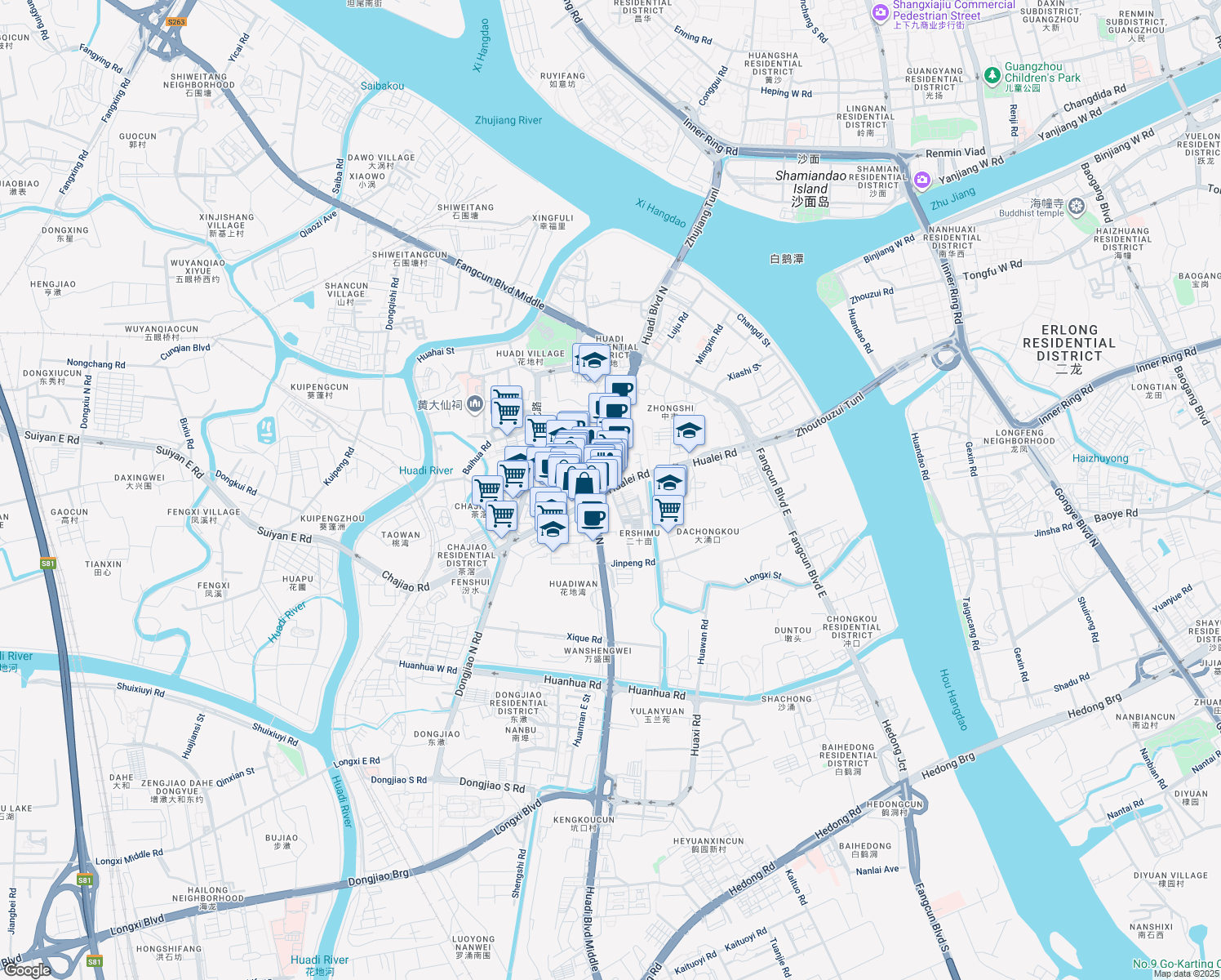 map of restaurants, bars, coffee shops, grocery stores, and more near Hua Di Da Dao Bei in Guang Zhou Shi