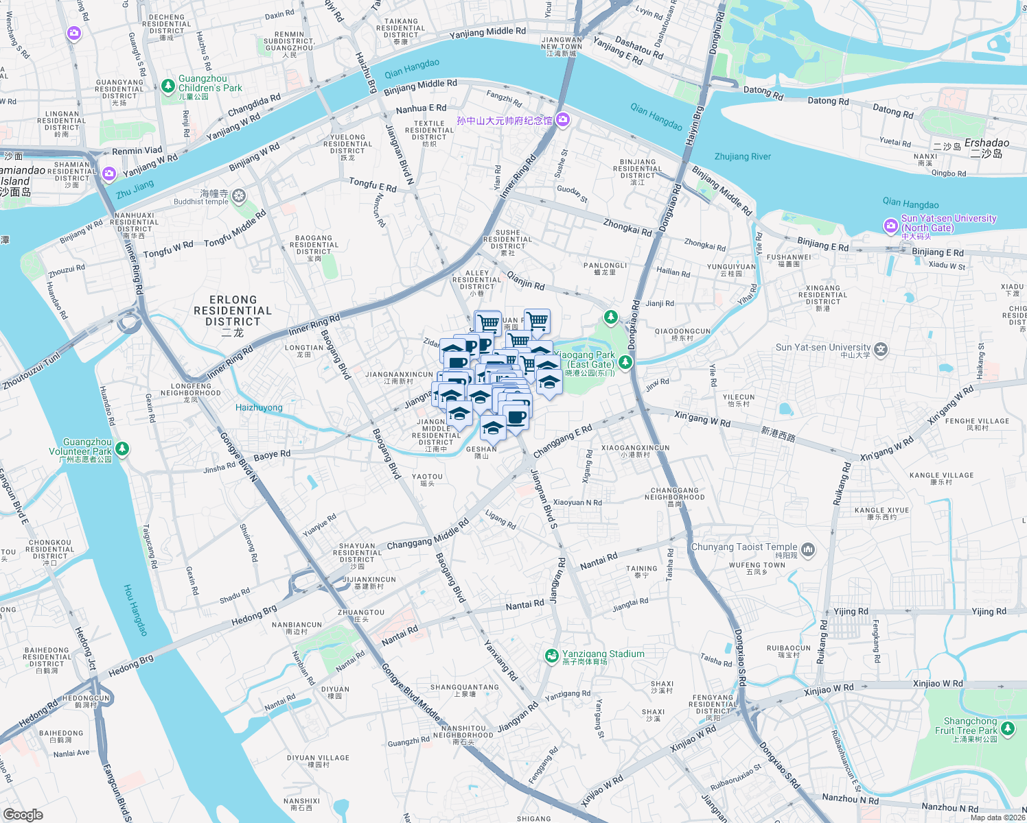 map of restaurants, bars, coffee shops, grocery stores, and more near in Guangzhou