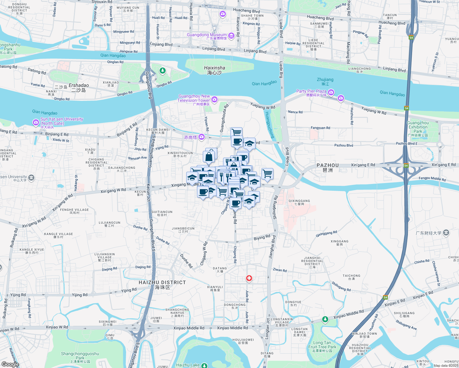 map of restaurants, bars, coffee shops, grocery stores, and more near Xin Gang Zhong Lu in Guang Zhou Shi