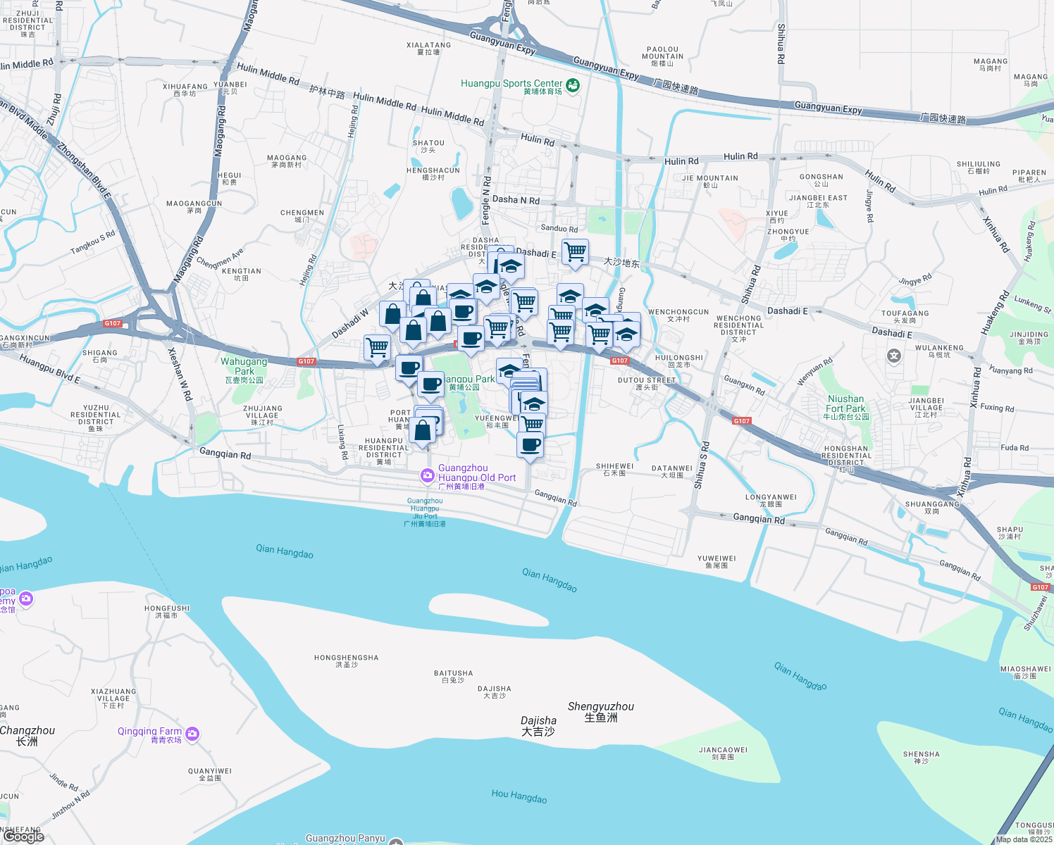 map of restaurants, bars, coffee shops, grocery stores, and more near Feng Le Nan Lu in Guang Zhou Shi
