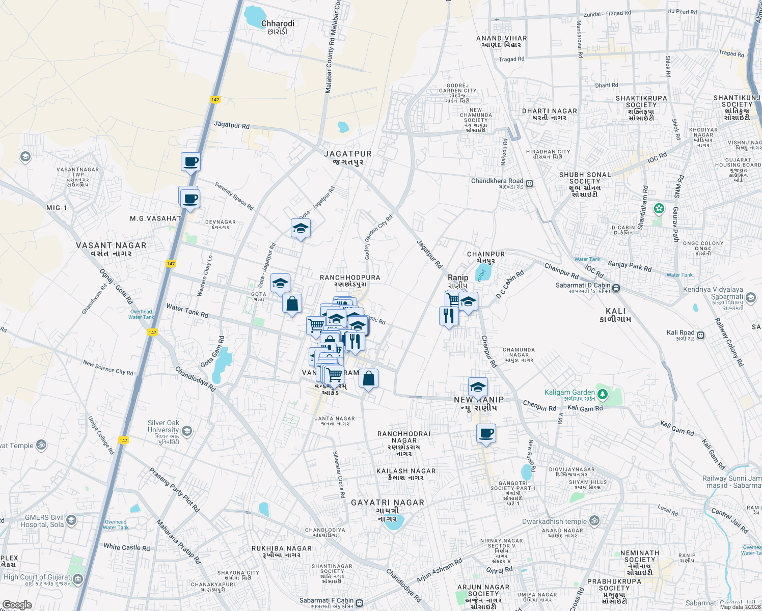 map of restaurants, bars, coffee shops, grocery stores, and more near Jagatpur Road in Ahmedabad