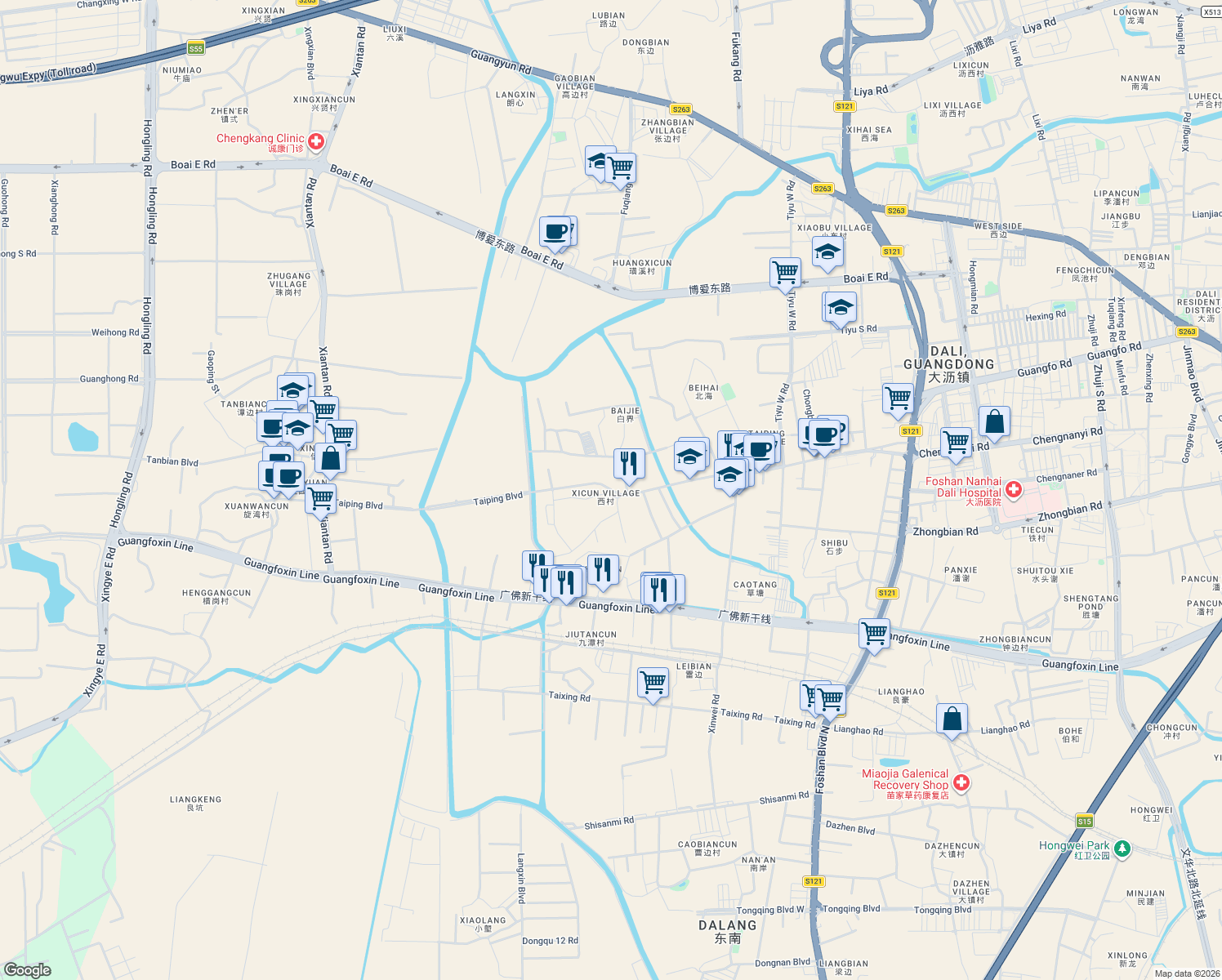 map of restaurants, bars, coffee shops, grocery stores, and more near Tai Ping Da Dao in Fo Shan Shi