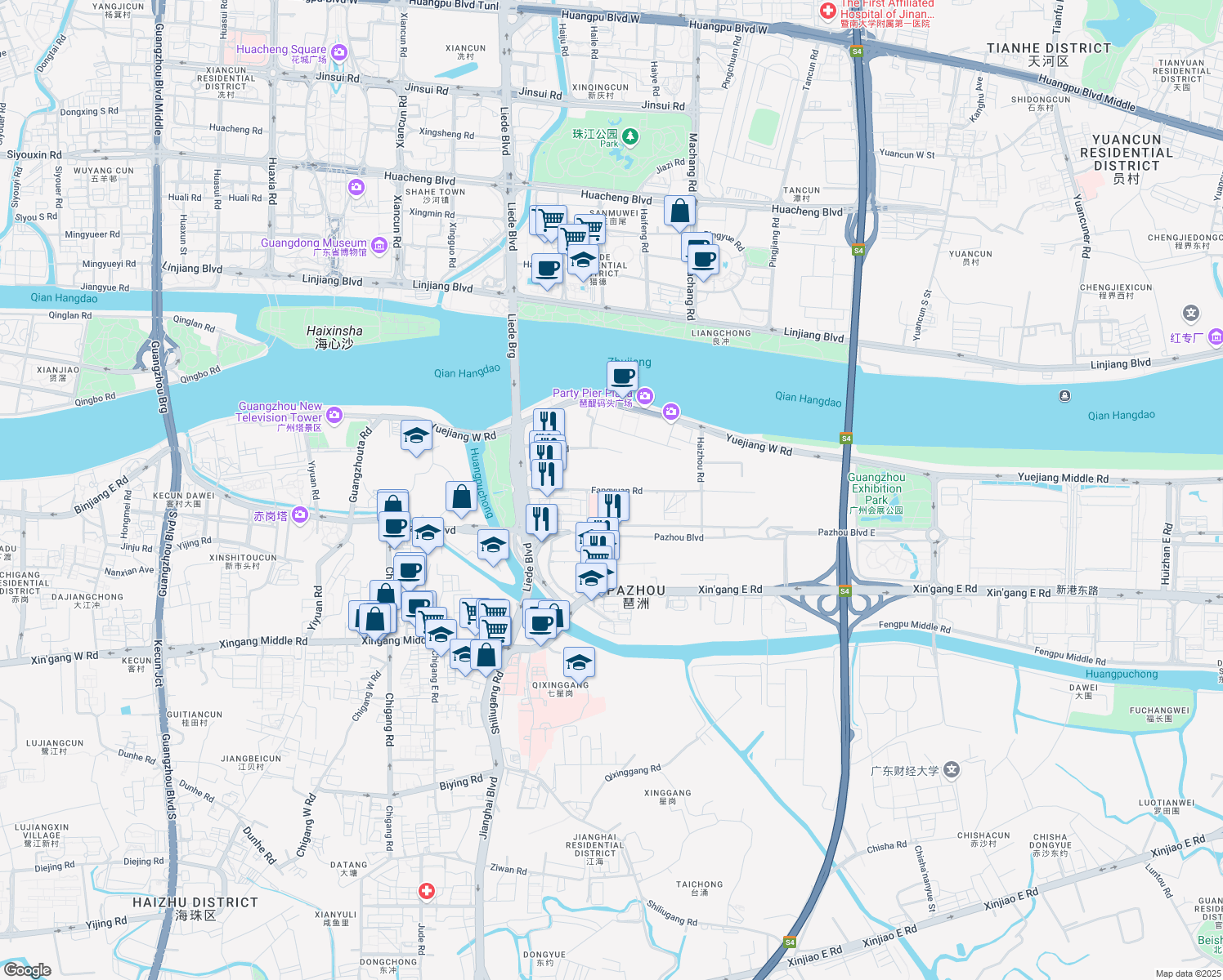 map of restaurants, bars, coffee shops, grocery stores, and more near Fang Yuan Lu in Guang Zhou Shi