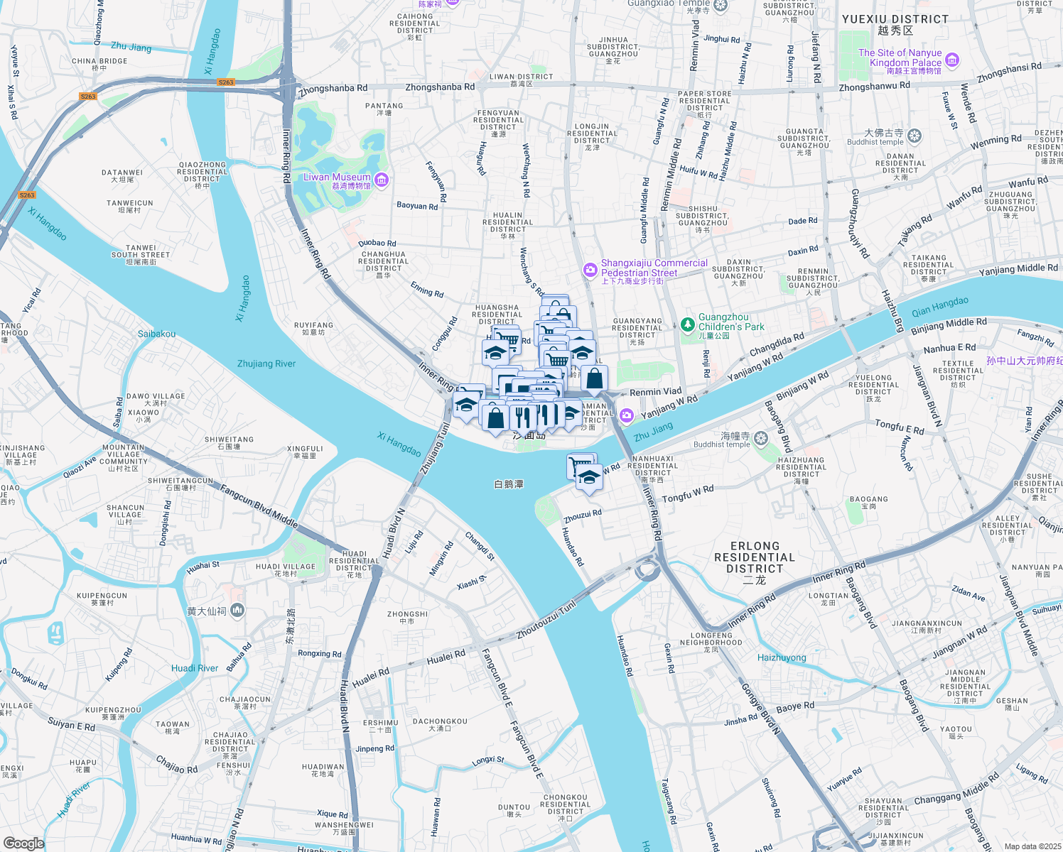 map of restaurants, bars, coffee shops, grocery stores, and more near Sha Mian Bei Jie in Guang Zhou Shi
