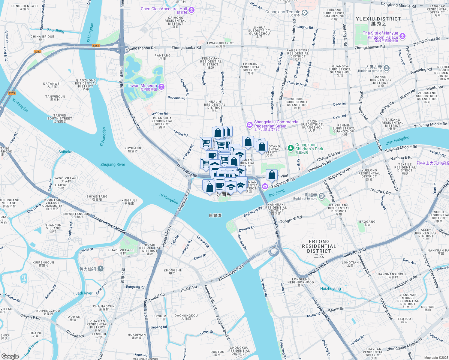 map of restaurants, bars, coffee shops, grocery stores, and more near Sha Mian Bei Jie in Guang Zhou Shi