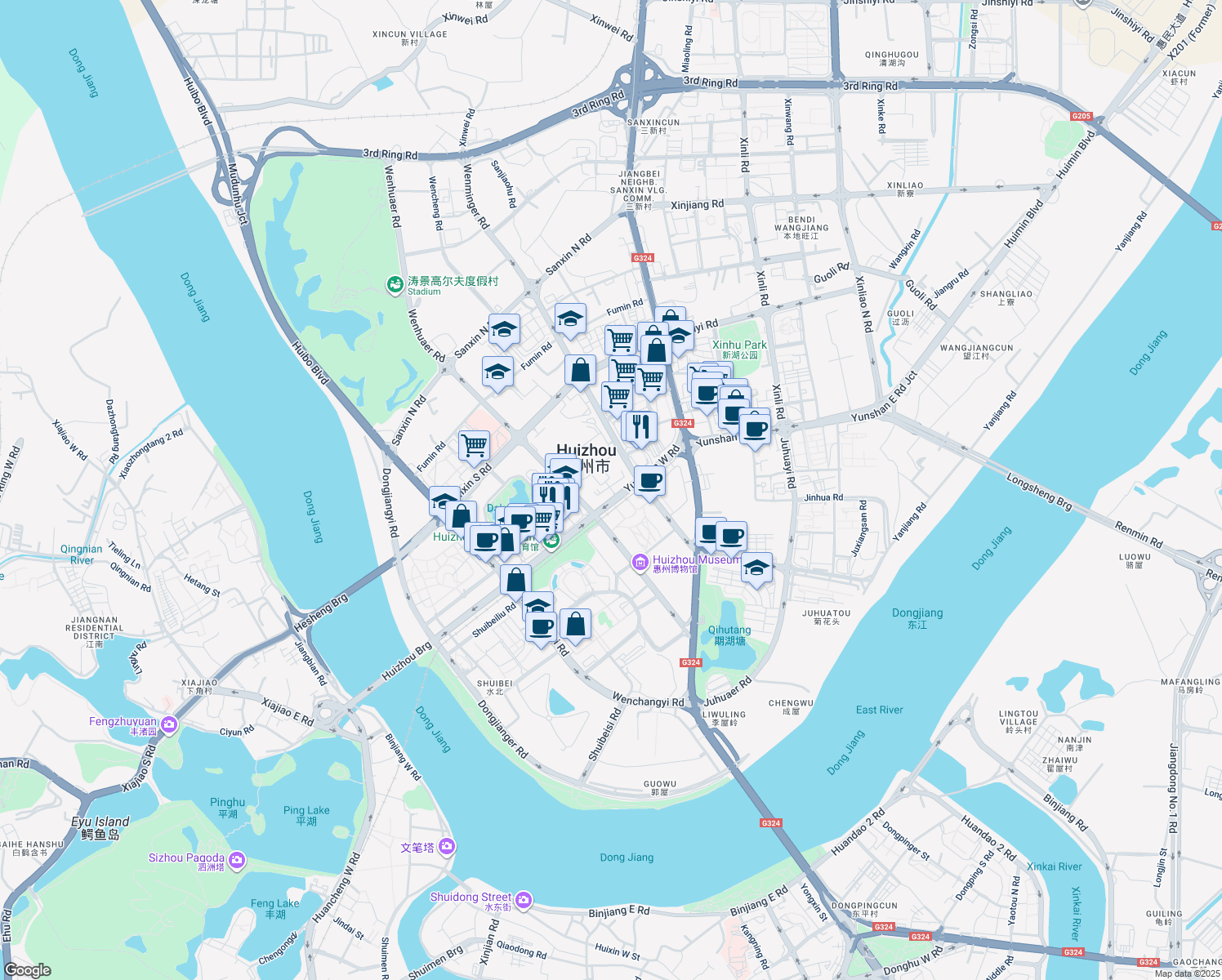map of restaurants, bars, coffee shops, grocery stores, and more near in Huizhou