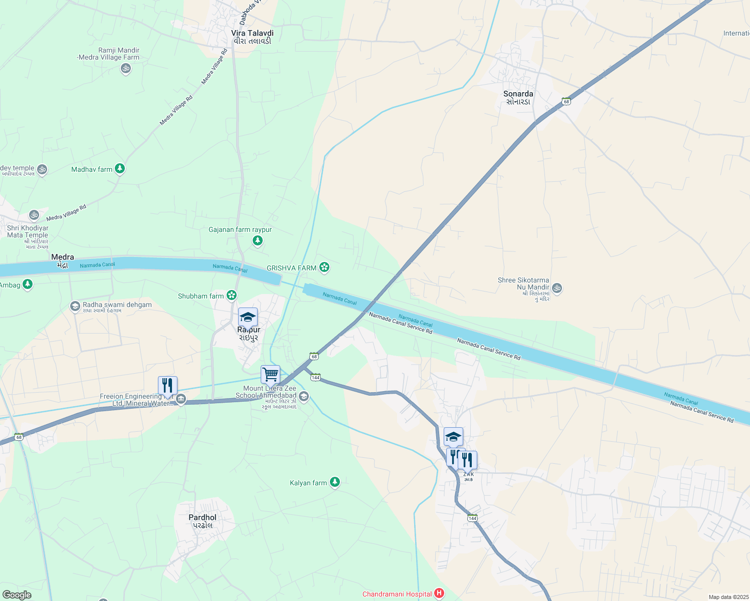map of restaurants, bars, coffee shops, grocery stores, and more near Naroda - Dehgam Road in Ahmedabad