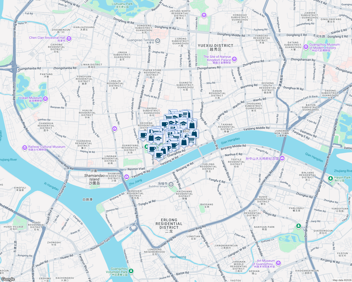 map of restaurants, bars, coffee shops, grocery stores, and more near Yi De Lu in Guang Zhou Shi