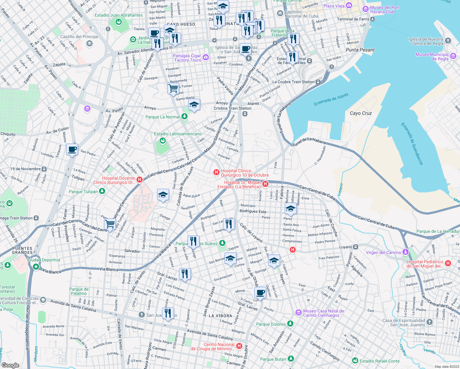 map of restaurants, bars, coffee shops, grocery stores, and more near 3104 Vía Blanca in La Habana