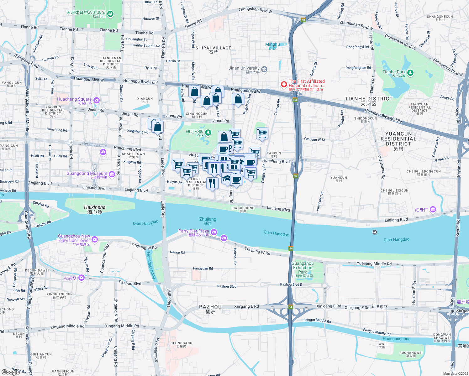 map of restaurants, bars, coffee shops, grocery stores, and more near Machang Road in Guangzhou