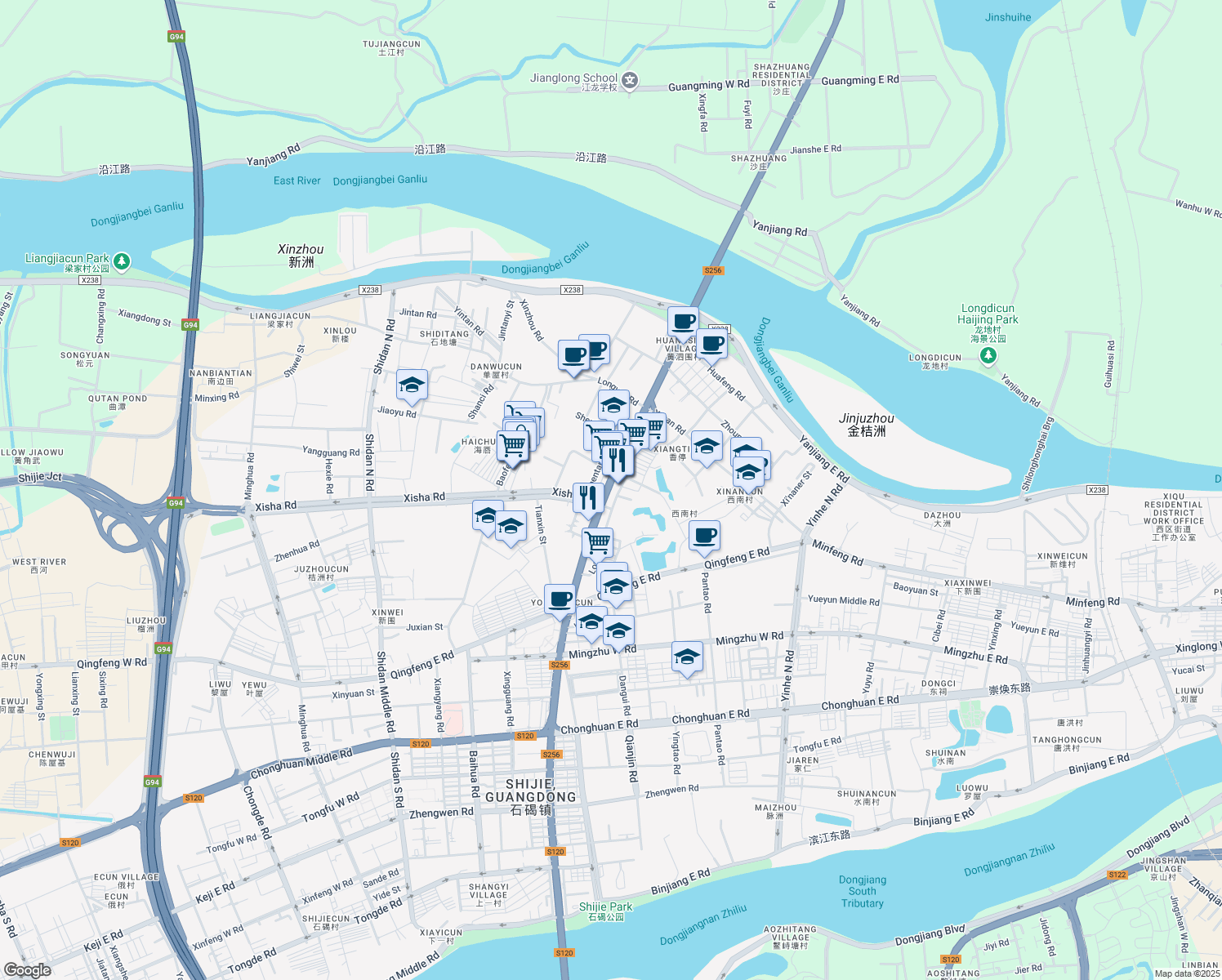 map of restaurants, bars, coffee shops, grocery stores, and more near Dong Feng Bei Lu in Dongguan Shi