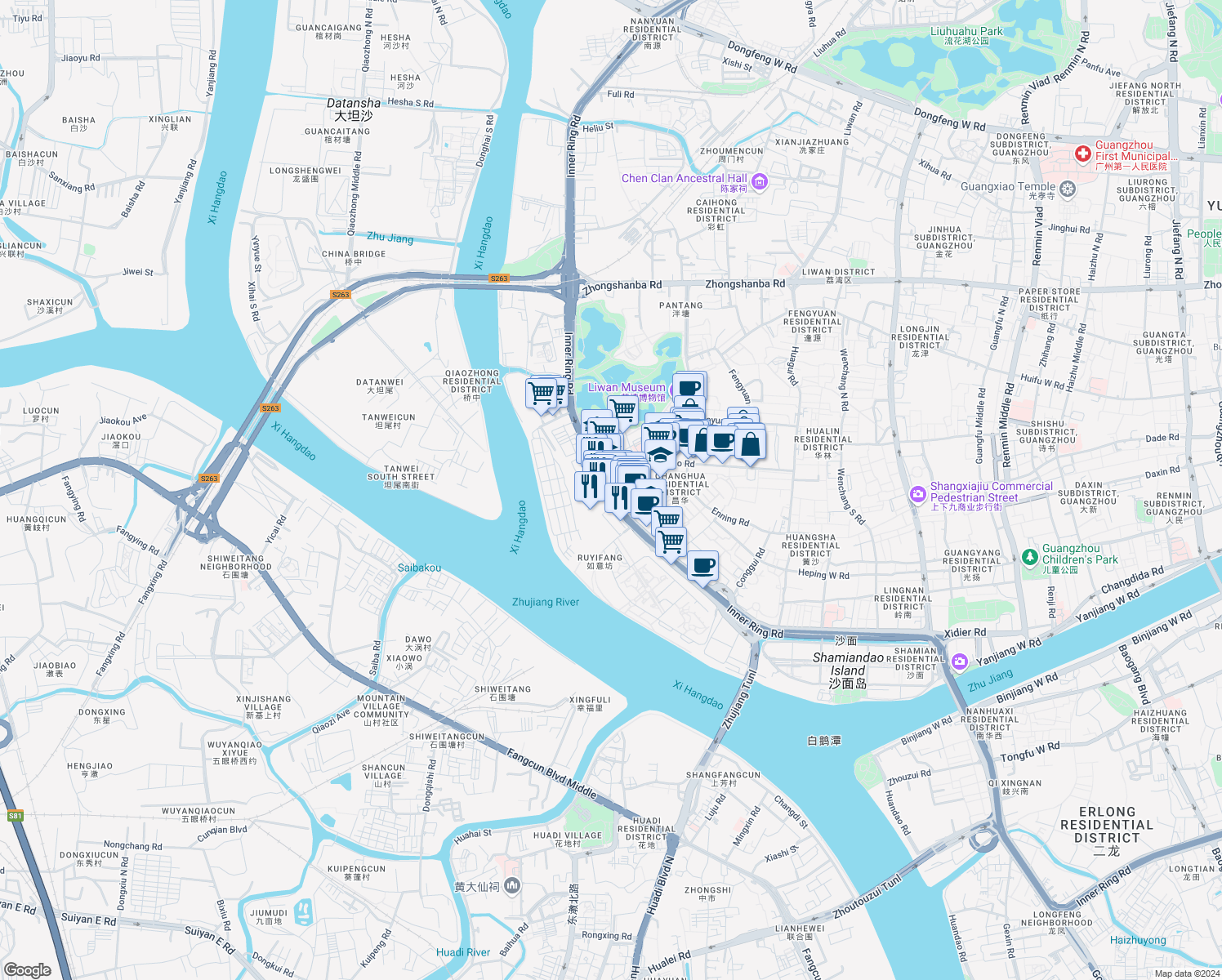 map of restaurants, bars, coffee shops, grocery stores, and more near Huang Sha Da Dao in Guang Zhou Shi