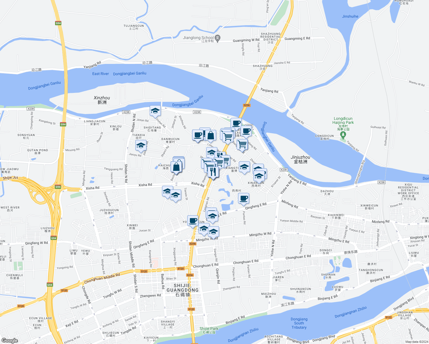 map of restaurants, bars, coffee shops, grocery stores, and more near Dong Feng Bei Lu in Dongguan Shi