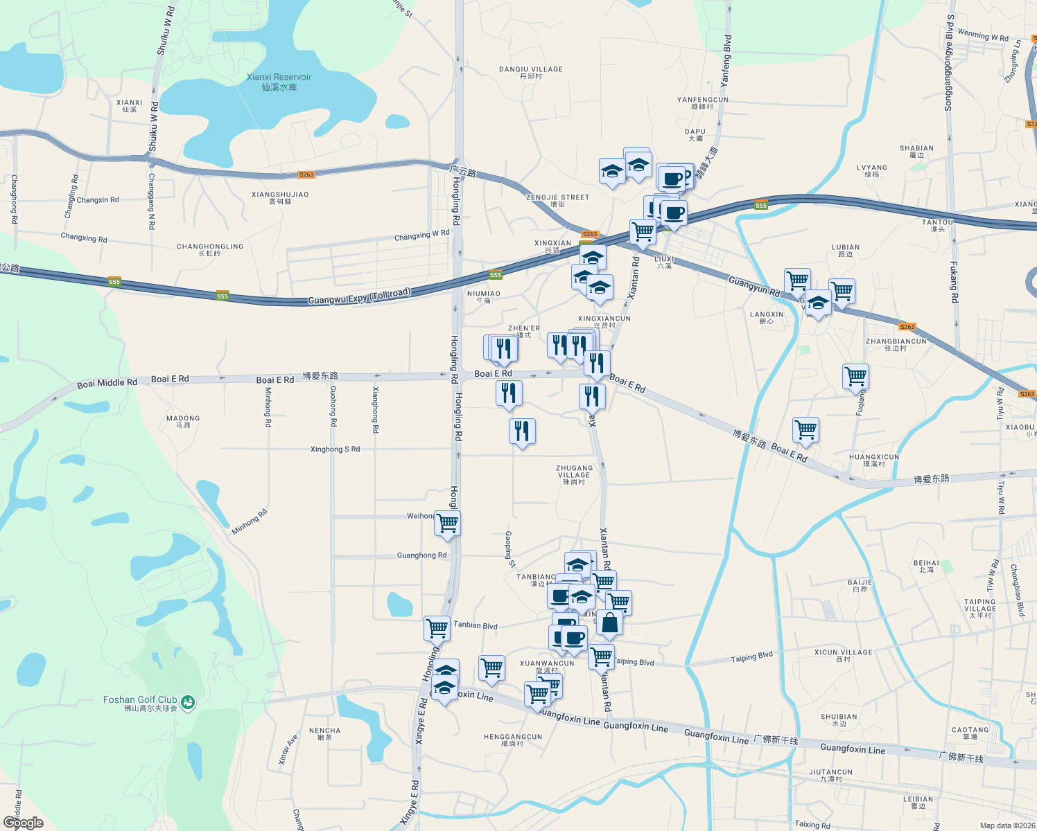 map of restaurants, bars, coffee shops, grocery stores, and more near Bo Ai Dong Lu in Fo Shan Shi
