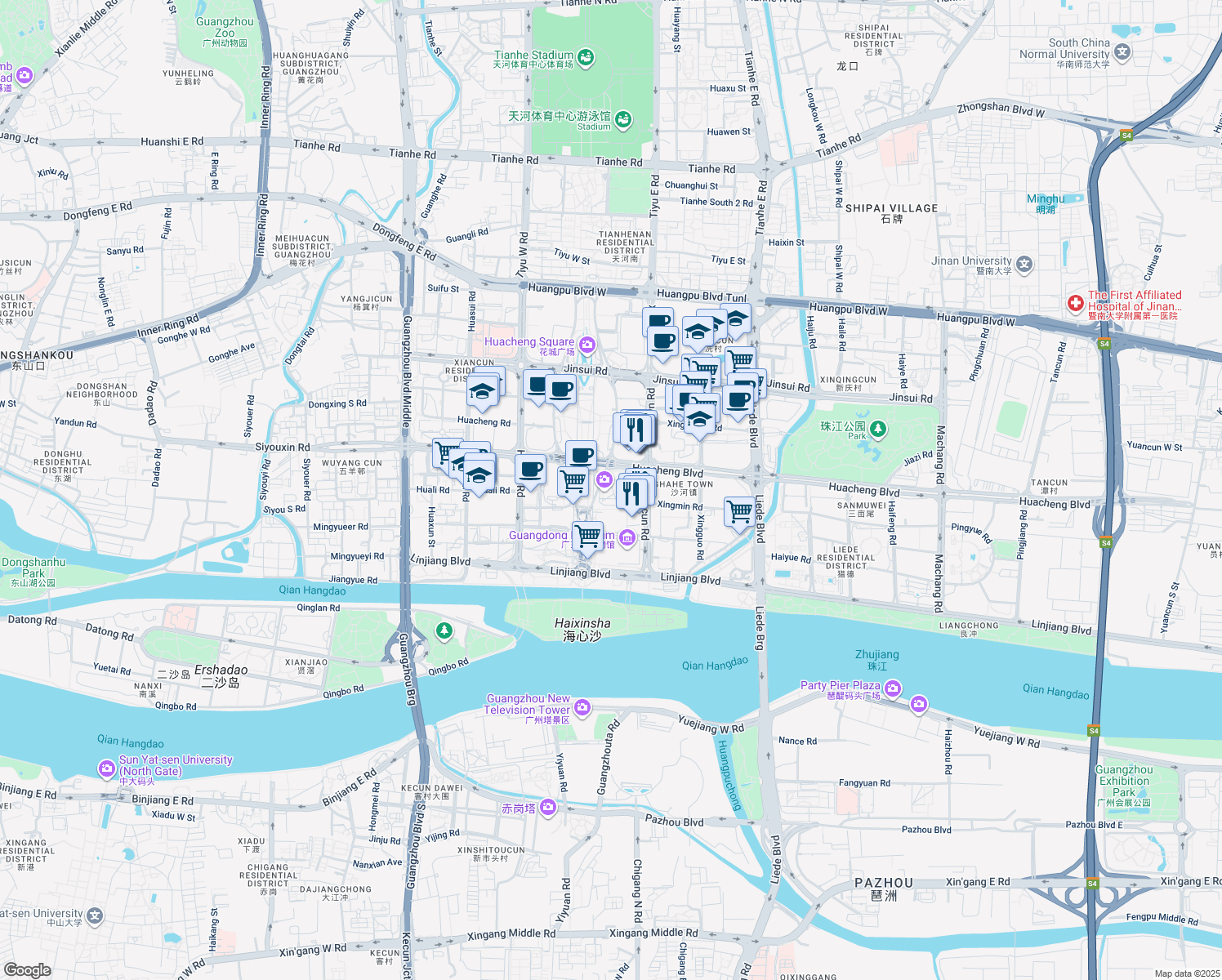 map of restaurants, bars, coffee shops, grocery stores, and more near Hua Cheng Da Dao in Guangzhou Shi