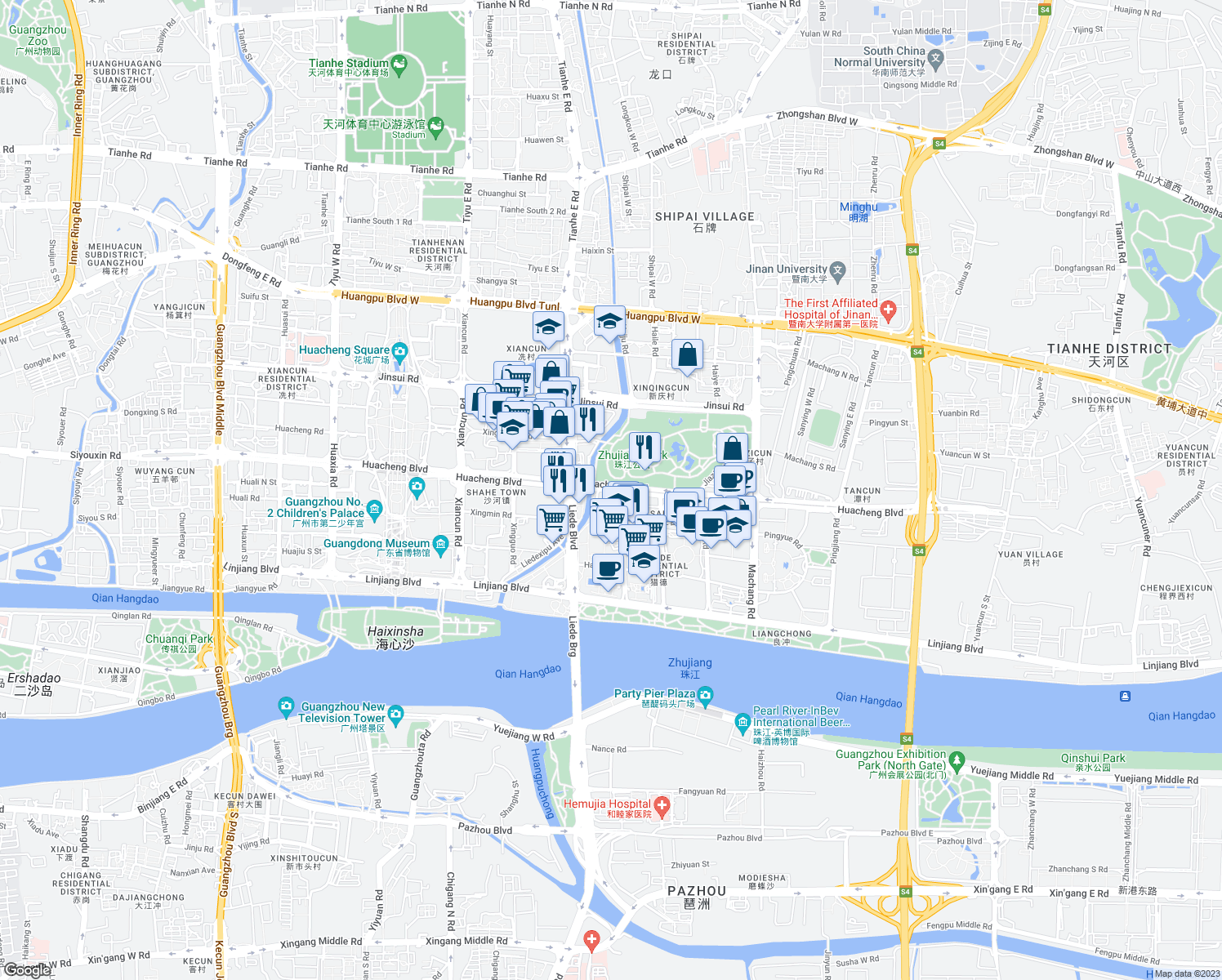 map of restaurants, bars, coffee shops, grocery stores, and more near Hua Cheng Da Dao in Guang Zhou Shi