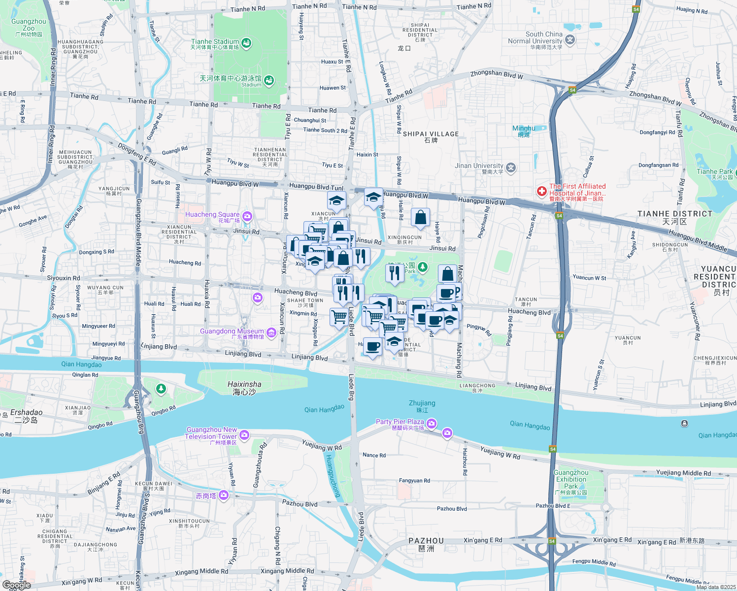 map of restaurants, bars, coffee shops, grocery stores, and more near Hua Cheng Da Dao in Guangzhou Shi