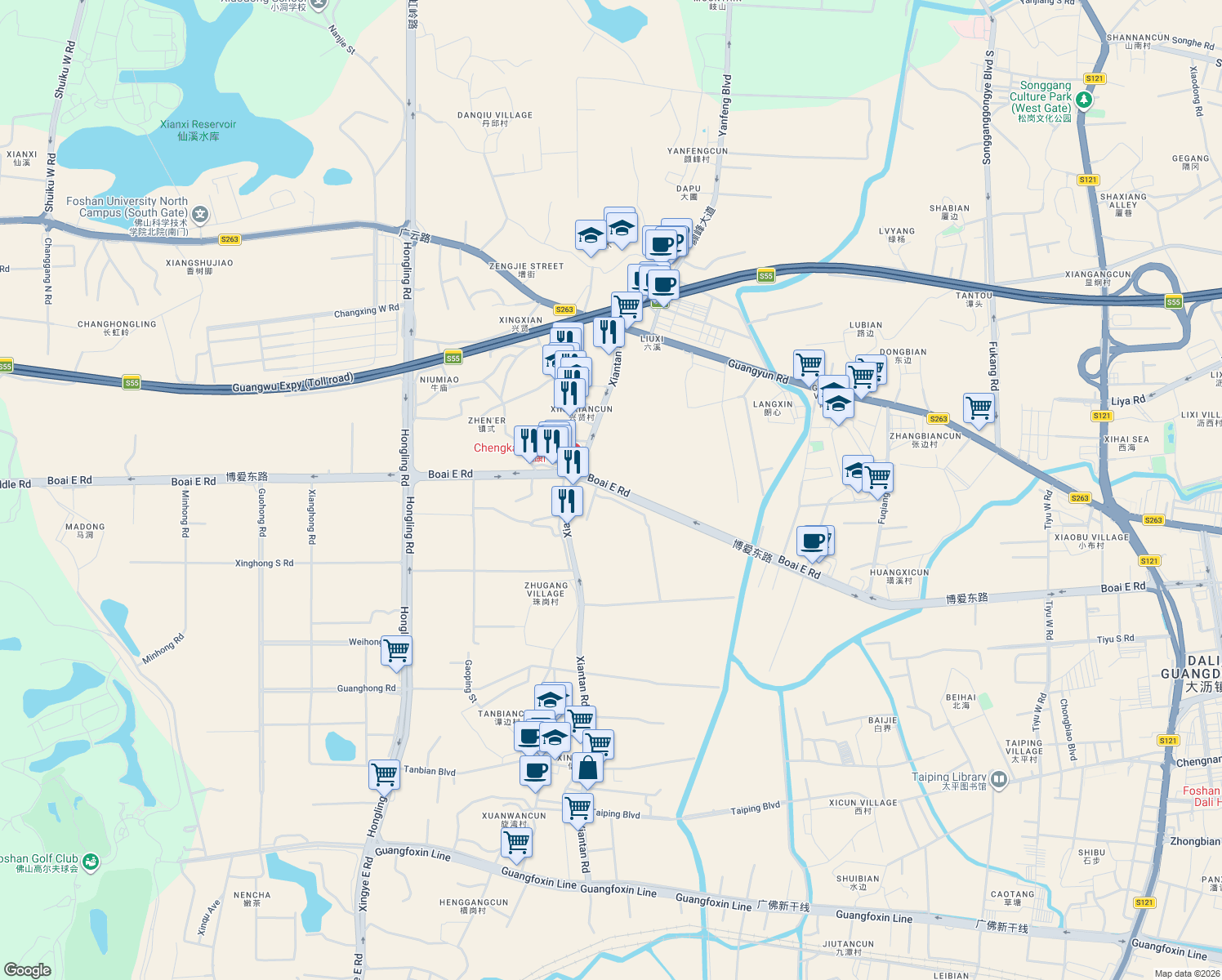 map of restaurants, bars, coffee shops, grocery stores, and more near Bo Ai Dong Lu in Fo Shan Shi
