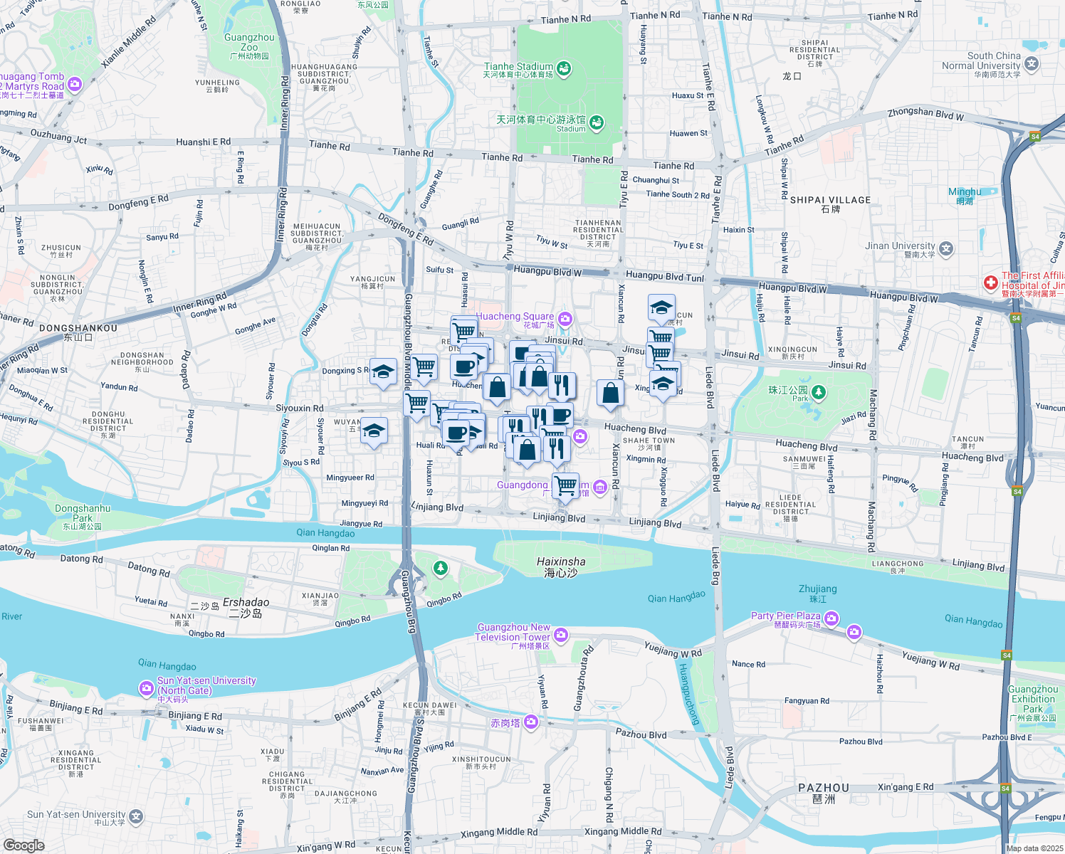 map of restaurants, bars, coffee shops, grocery stores, and more near 5 Zhu Jiang Xi Lu in Guang Zhou Shi