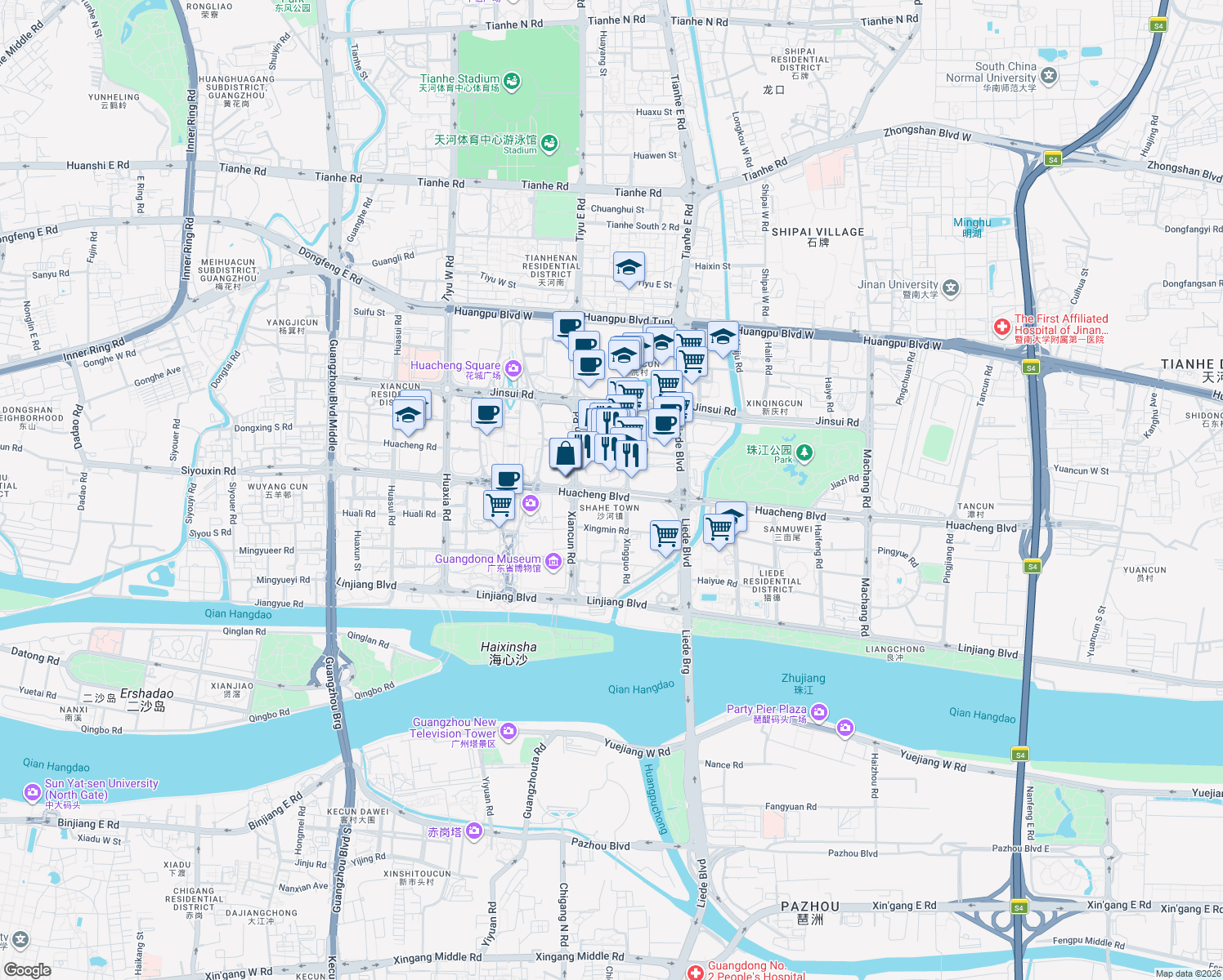 map of restaurants, bars, coffee shops, grocery stores, and more near Hua Cheng Da Dao in Guang Zhou Shi